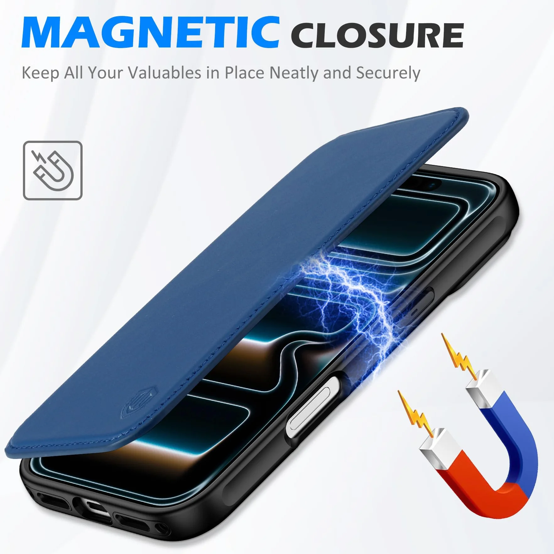 Shieldon Etui Skórzane Portfelowe iPhone 17 Magnetyczne Ladowanie Bezprzewodowe RFID Odporne na Wstrząsy Królewski Niebieski