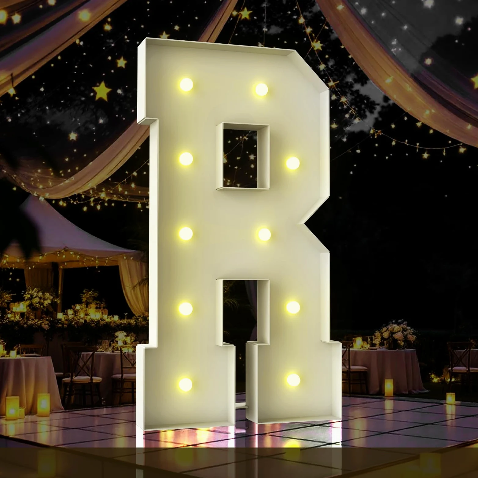 Rozświetlana litera 102 m, litery markizy 10 m wysokości, duży znak LED na imprezę, dekoracje urodzinowe, ukończenie szkoły, studniówkę, baby shower (litera R)