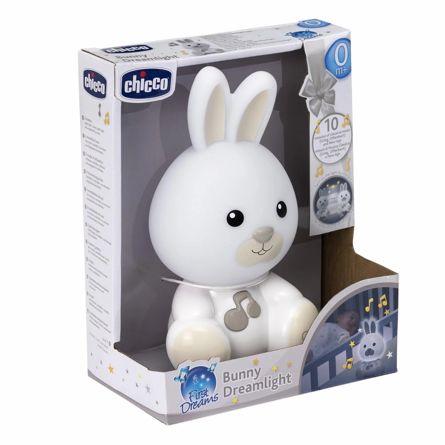 Chicco Lampka Nocna Króliczek, Przenośna Lampka Króliczek z Muzyką Klasyczną i Kojącymi Dźwiękami, Przenośna Lampka Nocna i Lampka Prowadząca, 0 miesięcy +, Neutralna