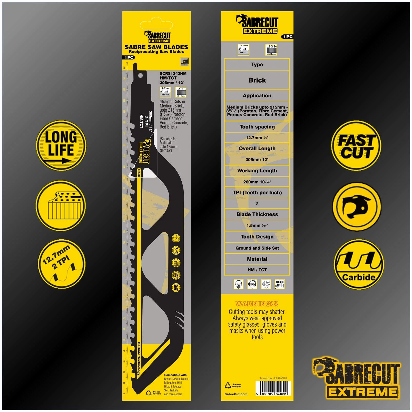 SabreCut 3pcs SCRS1243HM_3 305mm 2 TPI S1243HM Brzeszczoty szablaste | Zęby z węglika wolframu zapewniają długą żywotność w murze i materiałach budowlanych