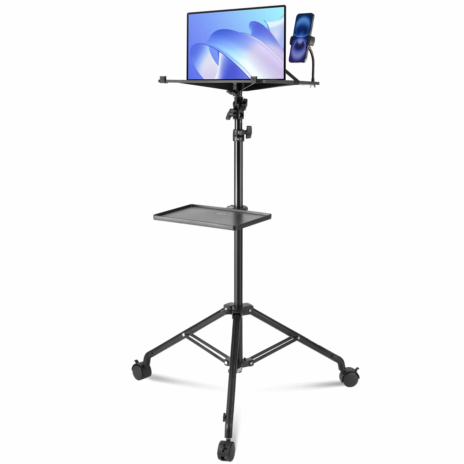 VEVOR Stojak do projektora laptopa z kółkami o regulowanej wysokości 795-1710 mm, stojak do projektora telefonu z 2 tacami na łabędzią szyję, do filmów na świeżym powietrzu, domu, biura lub gabinetu