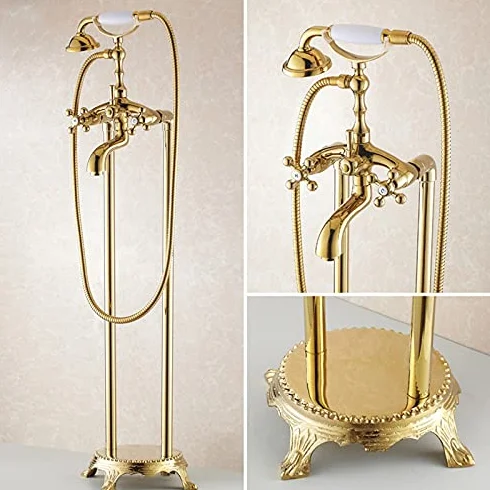 Bateria stojąca łazienkowa Golden Floor, typ telefonu, bateria wannowo-prysznicowa, zestaw prysznicowy mosiężny, luksusowy kran do wanny, typ koła, typ koła,Wheel Type