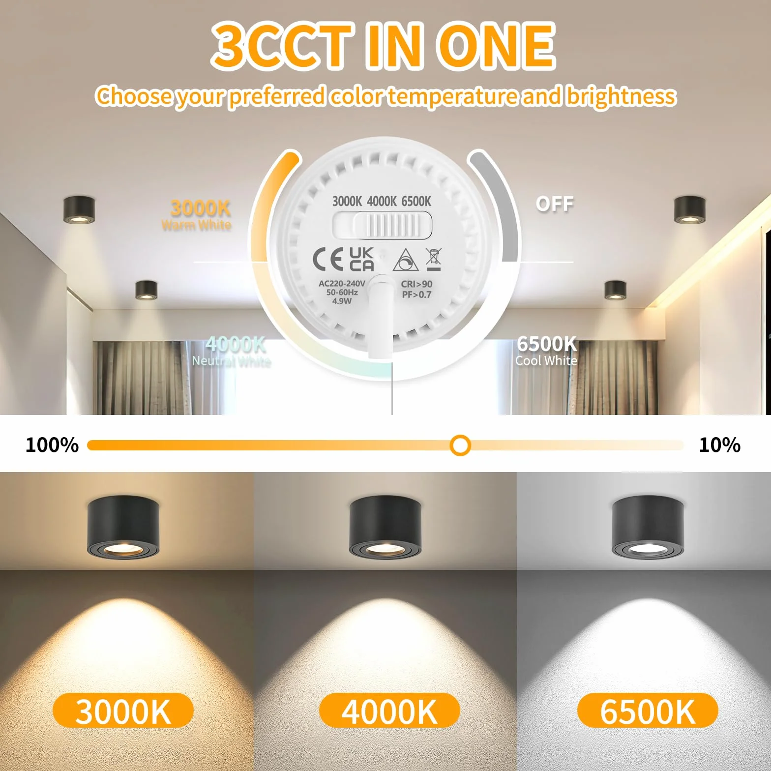 GeyouLux Ściemnialna lampa sufitowa LED, 5 W, Ø80 x 50 mm 3000 K/4000 K/6500K, obrót o 30° Spot łazienkowy, okrągły aluminiowy czarny reflektor sufitowy LED, 4 sztuki