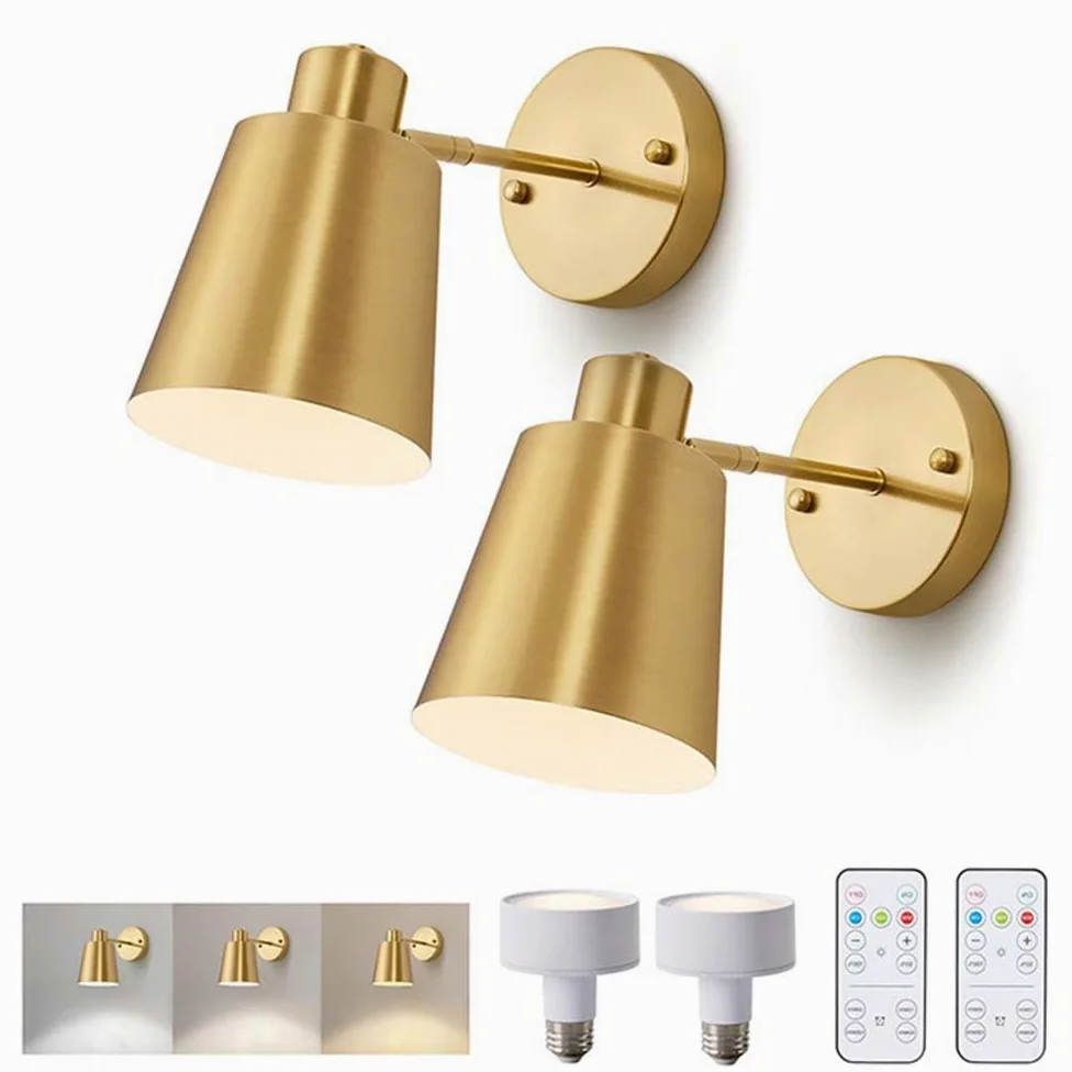 Bezprzewodowa lampa ścienna do użytku wewnętrznego Ściemnialna lampa ścienna z pilotem Regulowana lampa ścienna zasilana baterią E27 Magnetyczna z funkcją timera Złota lampka nocna w stylu vintage (2