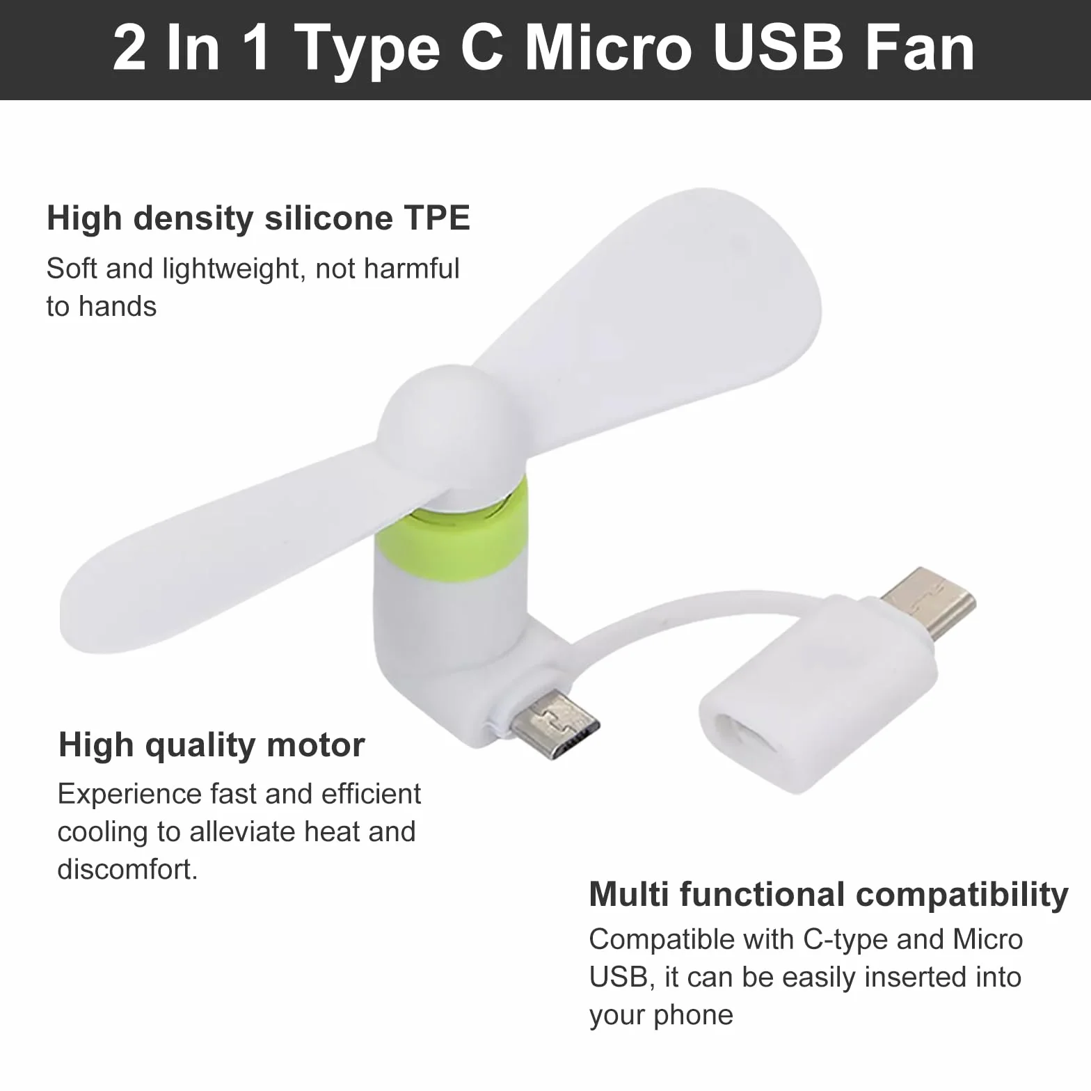 SEMINISMAR Mini wentylator do telefonu USB cichy 2 w 1 czarno-biały