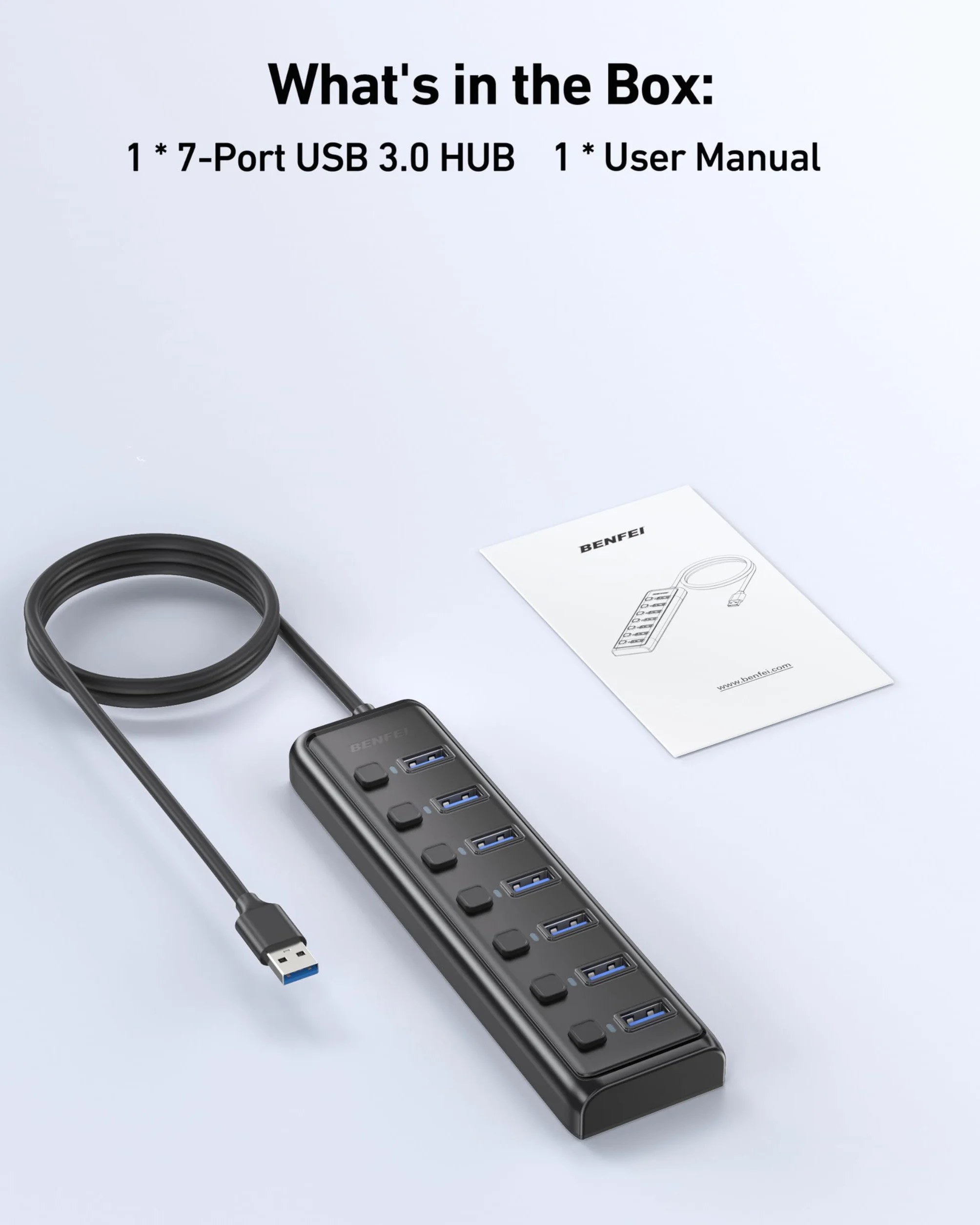 BENFEI Hub USB 3.0 7-portowy, ultracienki przenośny rozdzielacz USB 1 m, kompatybilny z MacBook, Surface Pro, PC