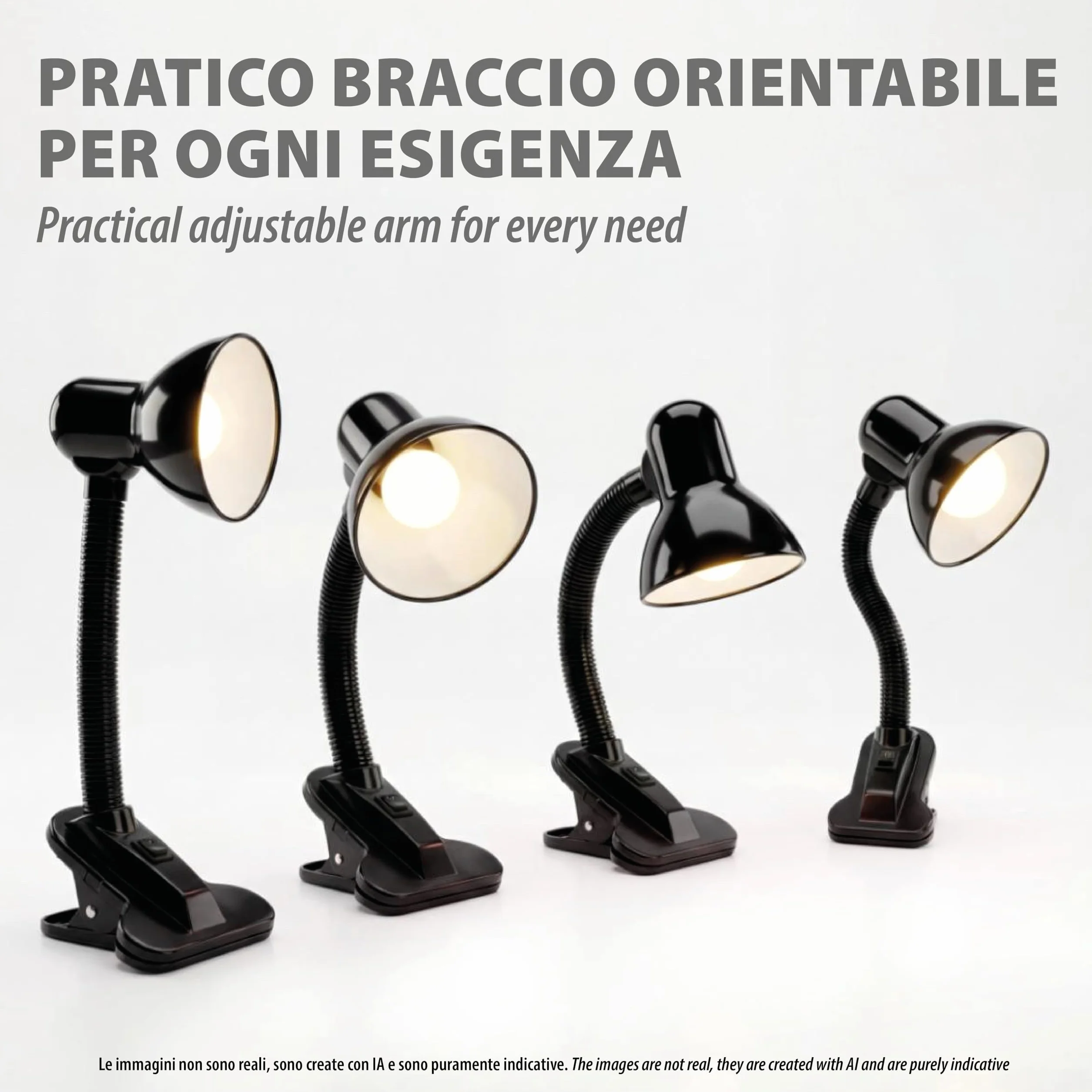 Velamp Lampa z klipsem, E27, kompatybilna z LED, elastyczne ramię, z kablem i przełącznikiem, do pokoju dziecięcego, biurka, metalu, 6 W, czarna