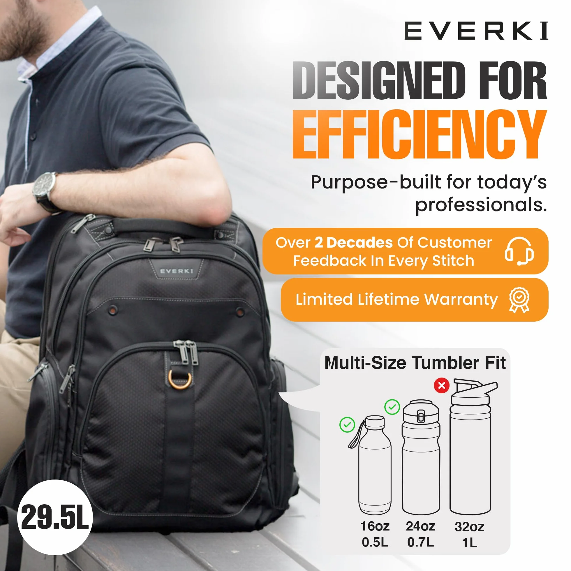 Everki Atlas biznesowy plecak na laptopa – plecak damski lub męski do pracy z regulowaną przegródką o przekątnej 28–39,6 cm, pojemność 29,5 l, przyjazny w podróży plecak biurowy, torba na laptopa