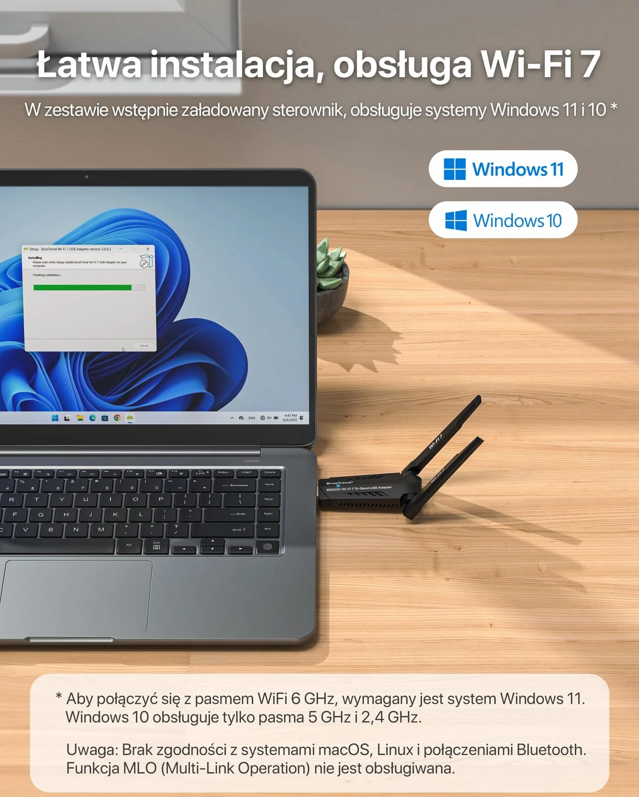 BrosTrend BE6500 USB WiFi 7 Adapter, trójpasmowy 6 GHz + 5 GHz + 2,4 GHz, niskie opóźnienie, antena Wi-Fi dla Windows 11/10