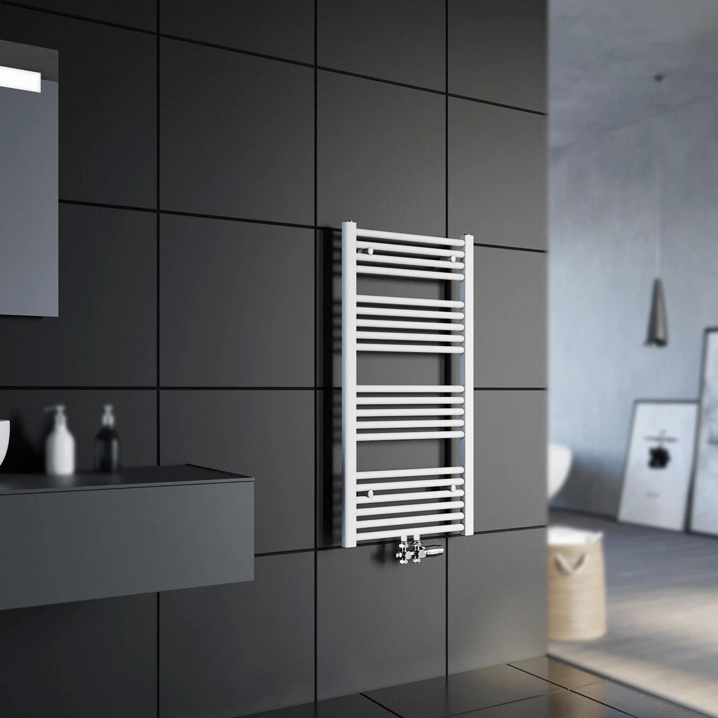 SONNI Grzejnik łazienkowy 1600 x 500 mm suszarka na ręczniki biały 448 W Design ogrzewacz do ręczników, przyłącze środkowe z białym termostatem multiblokowym