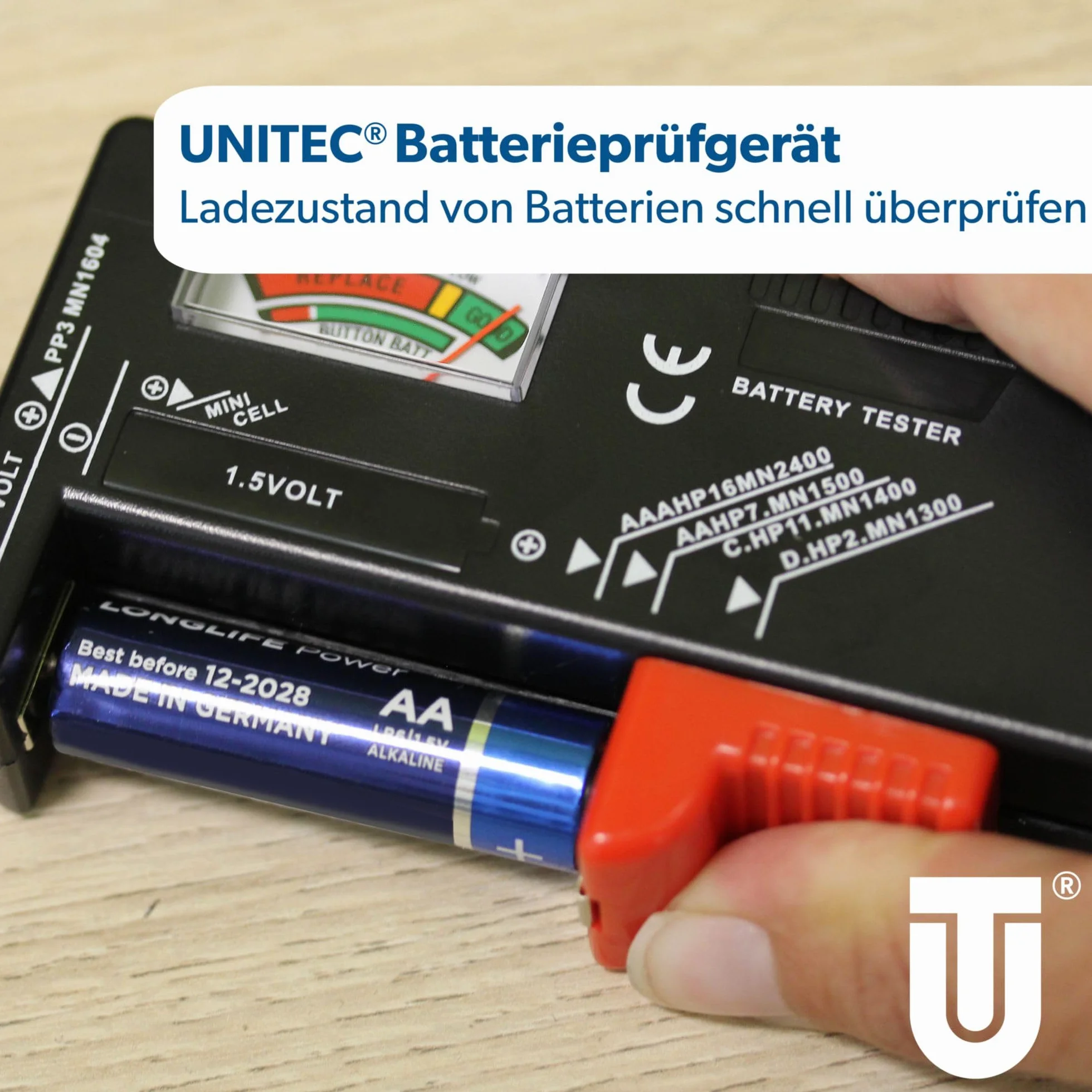 UNITEC 46021 uniwersalny tester baterii 1,5 V/9 V, czarny