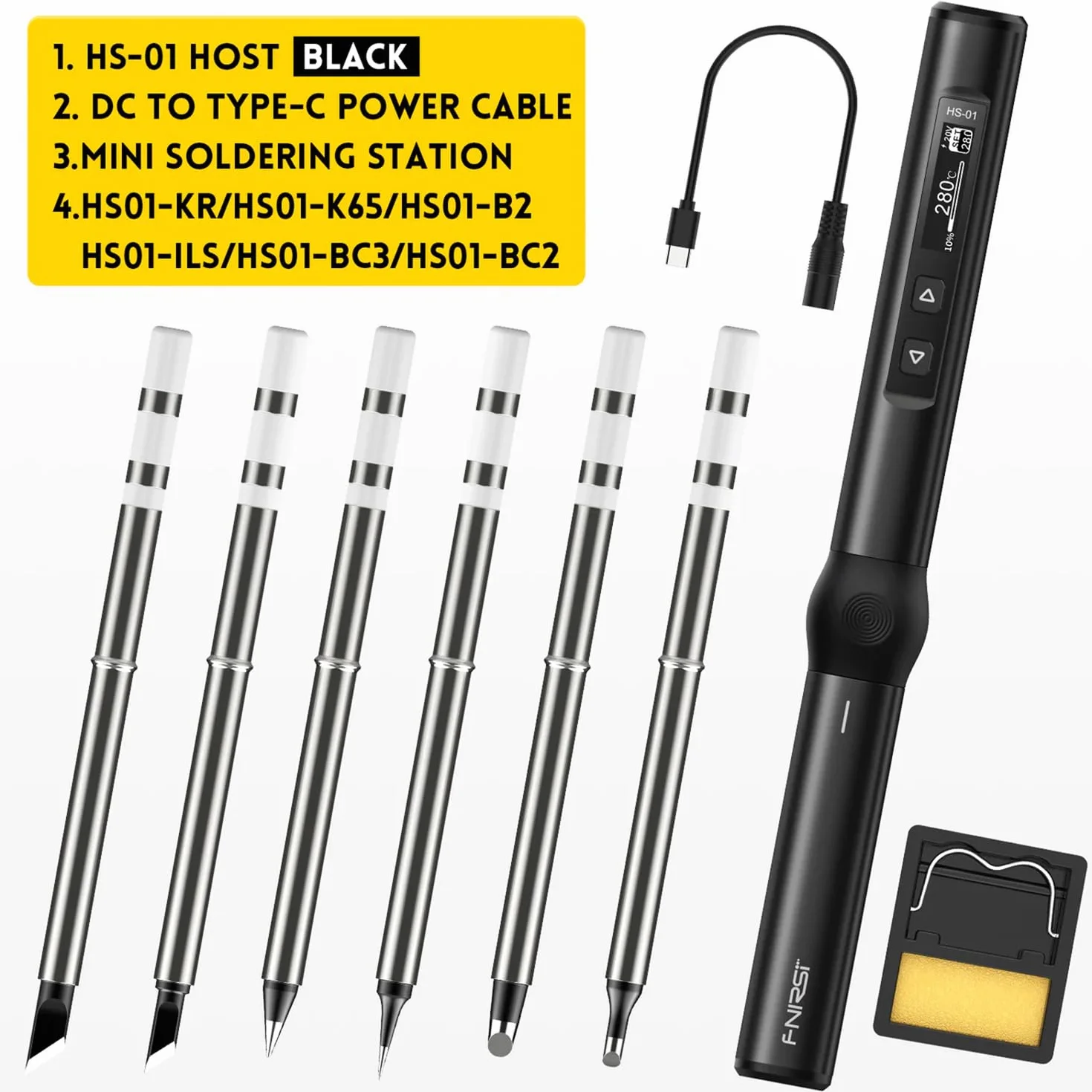 Czarna lutownica cyfrowa precyzyjna kolbowa 65W USB-C + 6 grotów HS-01