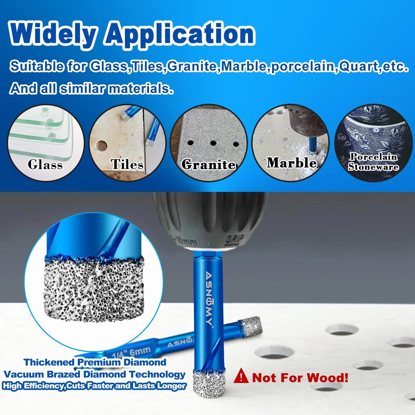 ASNOMY 2 x 6 mm diamentowe wiertła do płytek, szkła, 6 mm, do twardych płytek, ceramiki, marmuru i granitu
