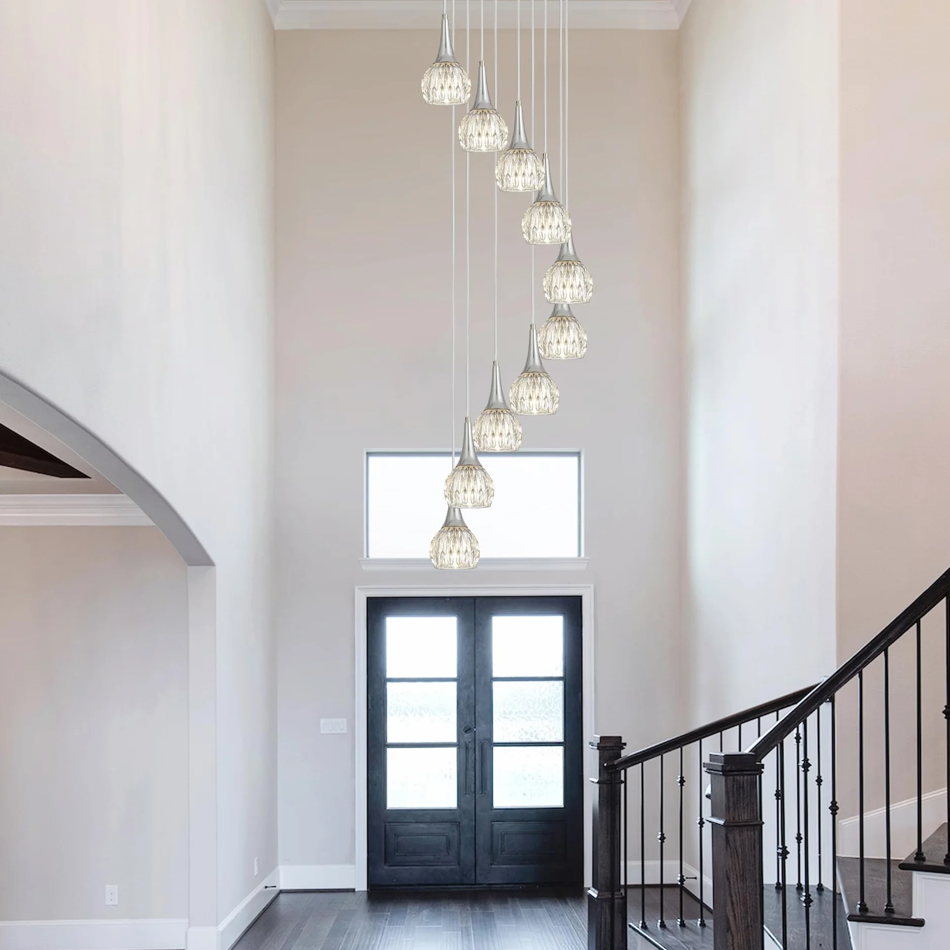 Nowoczesne 10-punktowe żyrandole spiralne Polerowane chromowane lampy wiszące Art Glass Shade Dome Długi żyrandol Oświetlenie do przedpokoju Klatka schodowa Oprawa sufitowa