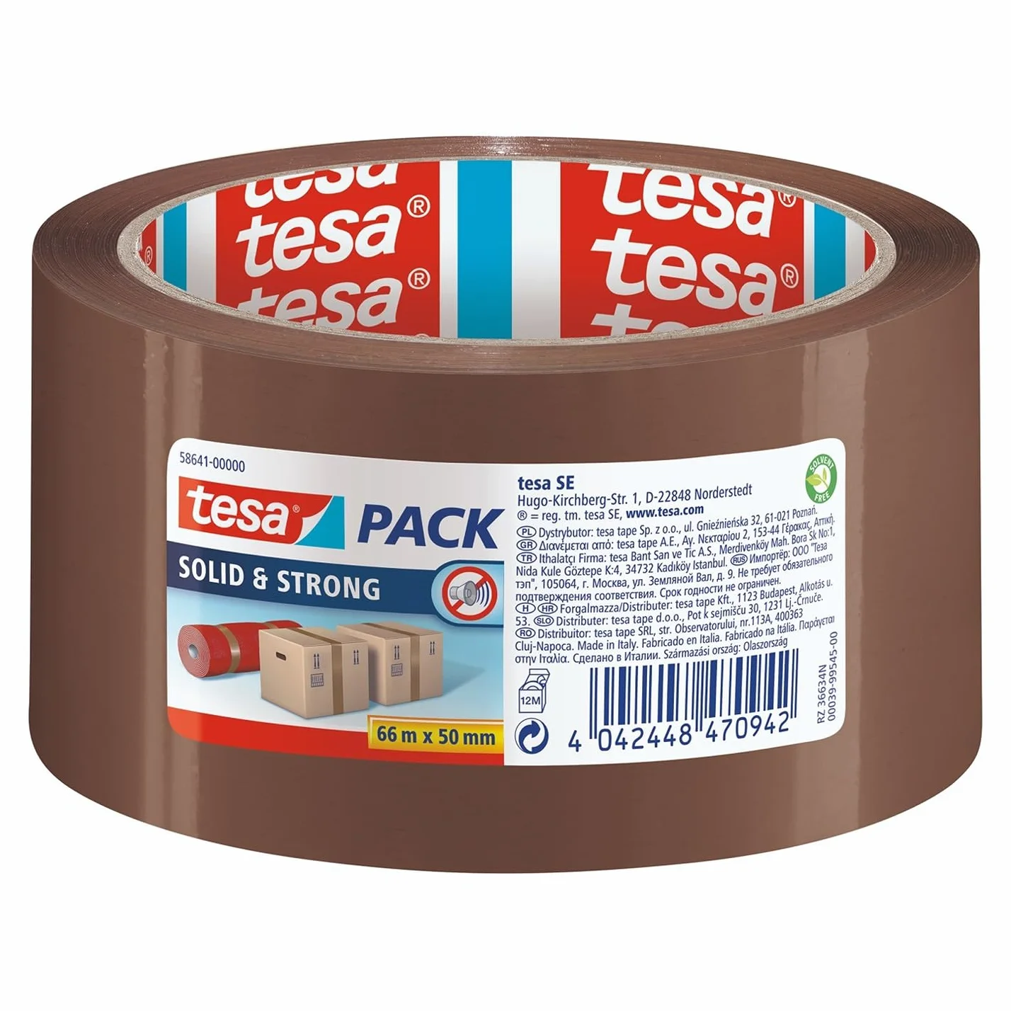 tesapack Solid & Strong Taśma do Pakowania, Samoprzylepna Taśma Pakowa, Ciche Rozwijanie, Dobra Przyczepność, bez Rozpuszczalników, 66 m x 50 mm, Brązowa lub Przezroczysta