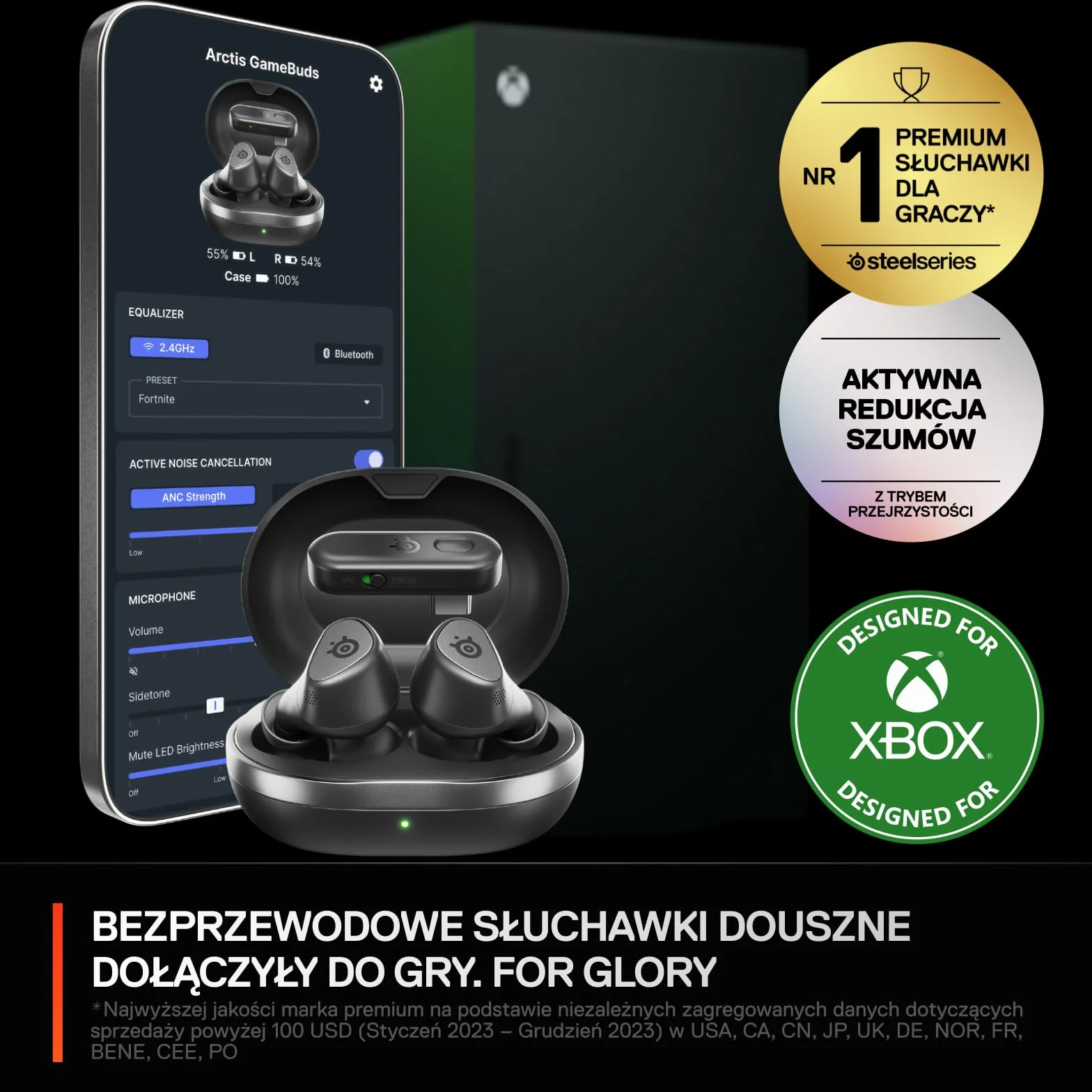 SteelSeries Arctis GameBuds Xbox Bezprzewodowe Słuchawki Douszne do Gier, 2,4 GHz + BT 5.3, ANC, Bateria 40 Godz., Ładowanie Bezprzewodowe, PS5, PC, Switch, Smartphone