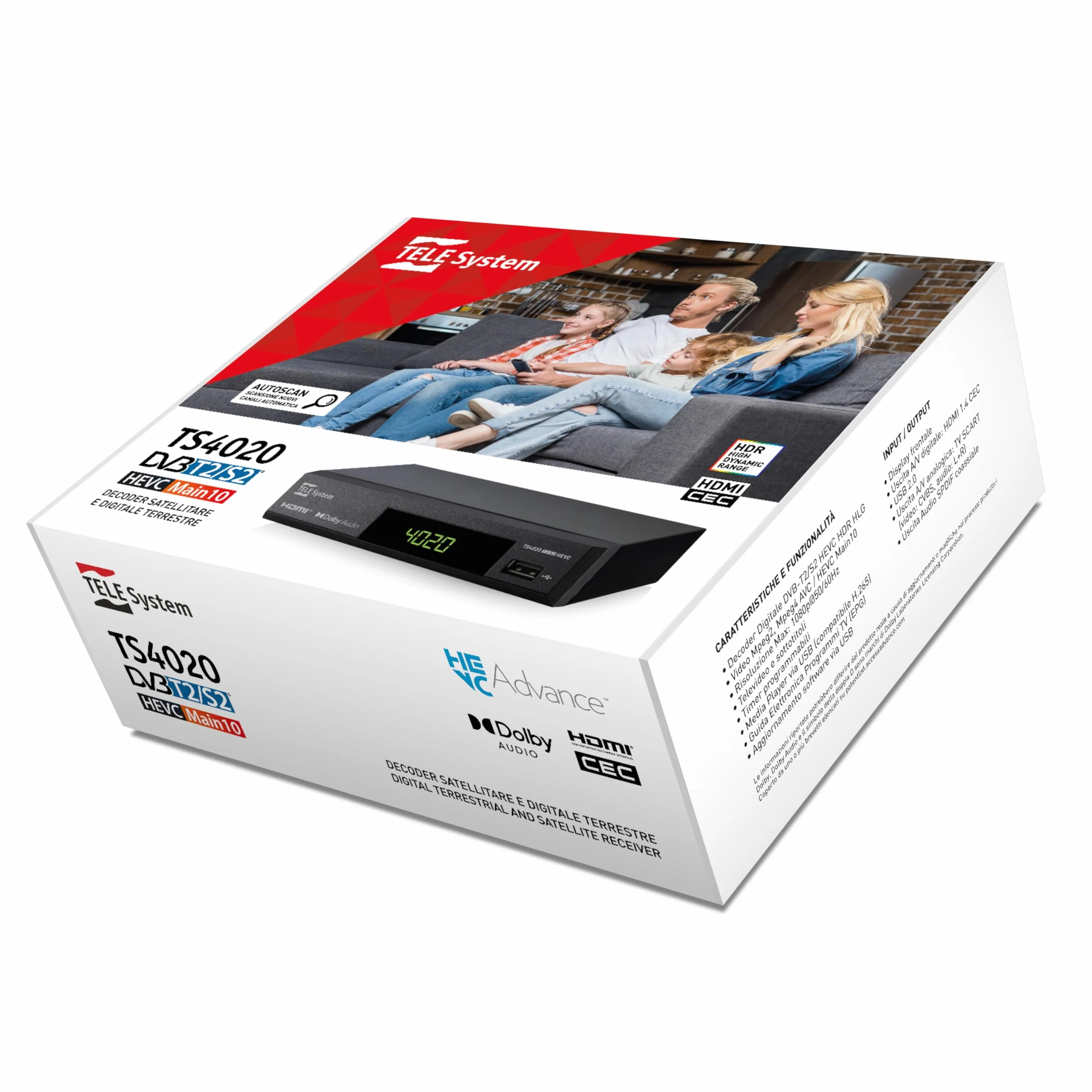 TELE System TS4020 Dekoder z podwójnym tunerem DVB-T/T2 i DVB-S/S2 HEVC HD HDR10 HLG. Dostęp do niekodowanej telewizji naziemnej i satelitarnej oraz radia.