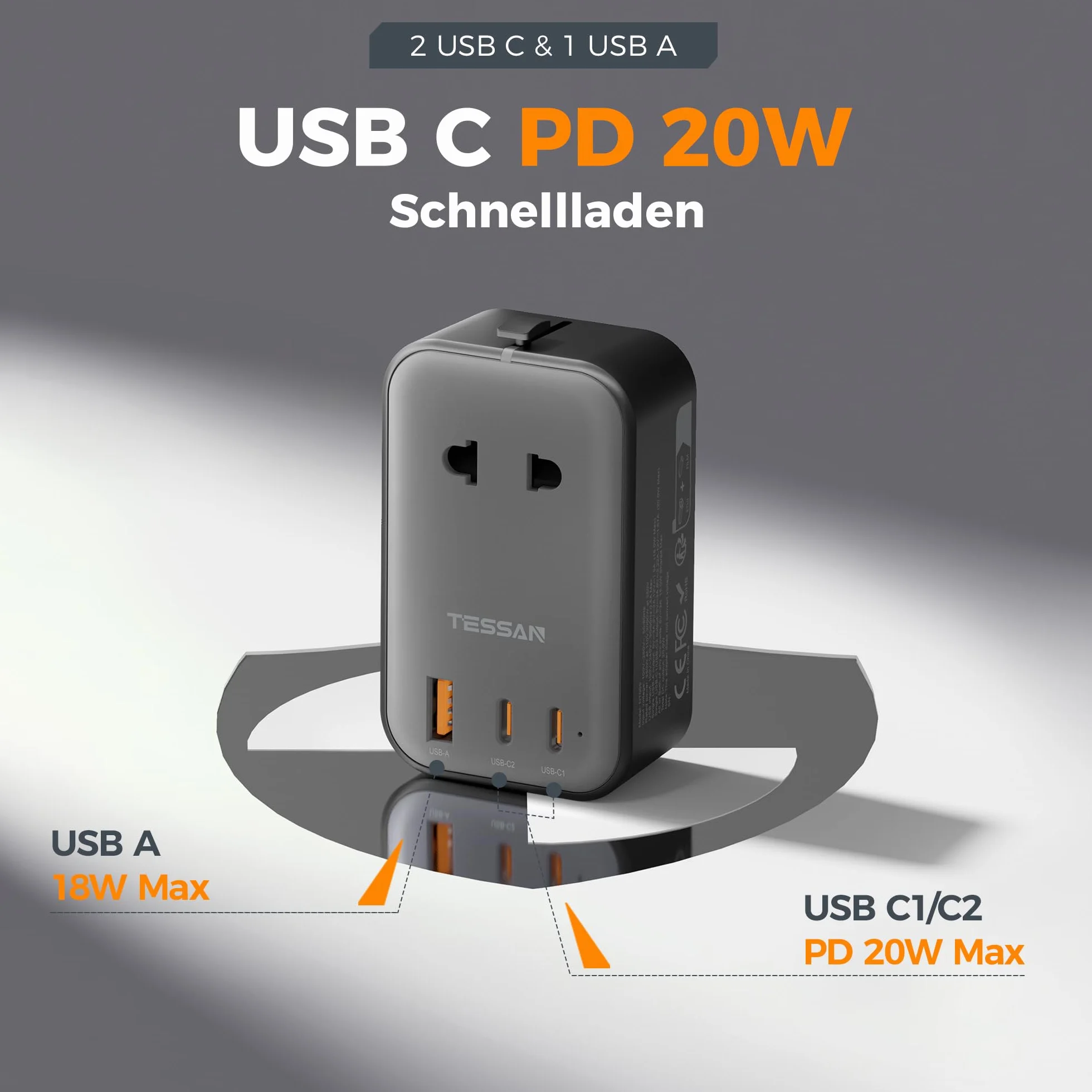 TESSAN Adapter podróżny USB C(20W), travel adapter worldwide z 2 USB C i 1 USB A, adapter USA, przejsciowka EU na UK, wtyczka do USA, Wielka Brytania, Japonia, Tajlandia, Australia, Chiny, Brazylia
