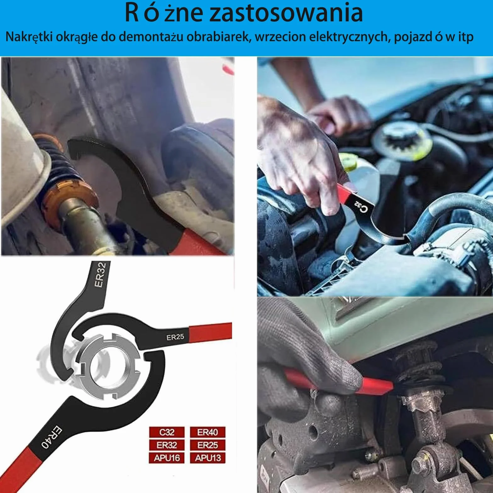 Klucz hakowy półksiężyc – Zestaw 6 kluczy CNC do uchwytów narzędzi – Rozmiary C32, ER40, ER32, ER25, APU16, APU13 – Do regulacji wysokości samochodu, amortyzatorów, łożysk