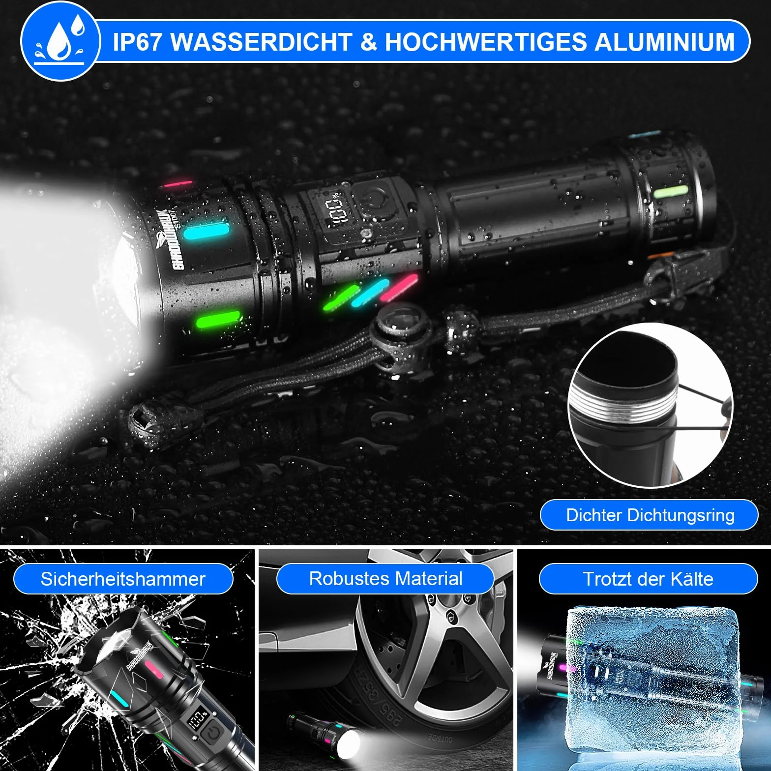 Shadowhawk Latarka LED, do wielokrotnego ładowania, 500000 lm, bardzo jasna latarka LED (XHM90.2), mocna latarka taktyczna USB, zasilana bateriami, wodoszczelna, do użytku w sytuacjach awaryjnych