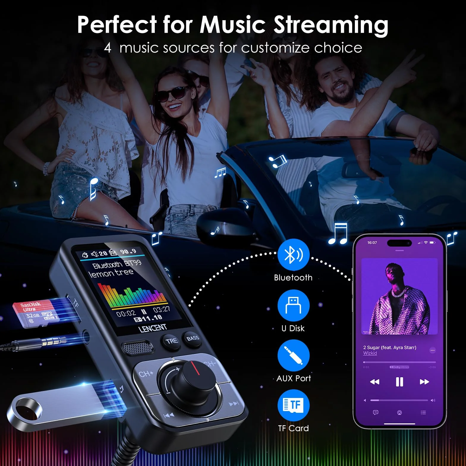 LENCENT 5.0 Samochodowy Nadajnik FM Bluetooth z Adapter AUX Bezprzewodowy QC3.0 USB-A Zestaw Głośnomówiący HiFi