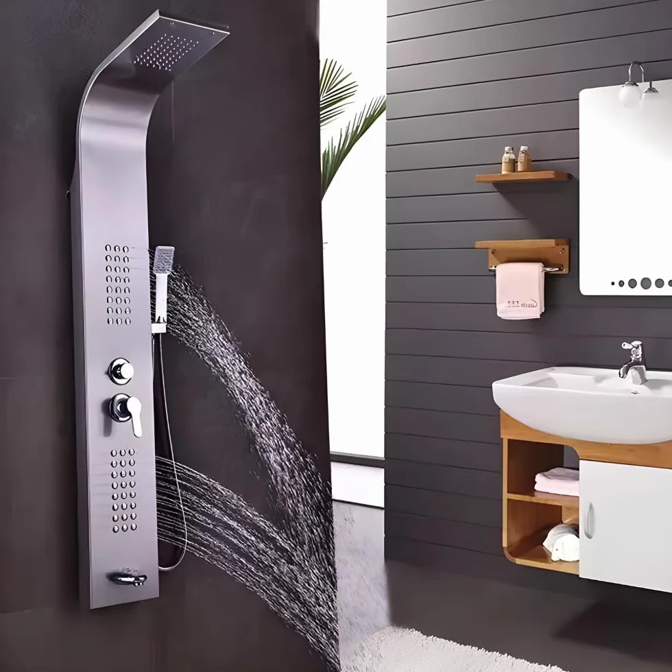 ZOLTA Panel Prysznicowy z Hydromasażem Srebrny – Niklowany Zestaw Prysznicowy z Baterią, Deszczownicą i Kranem, Nowoczesny Panel Natryskowy do Łazienki SPA