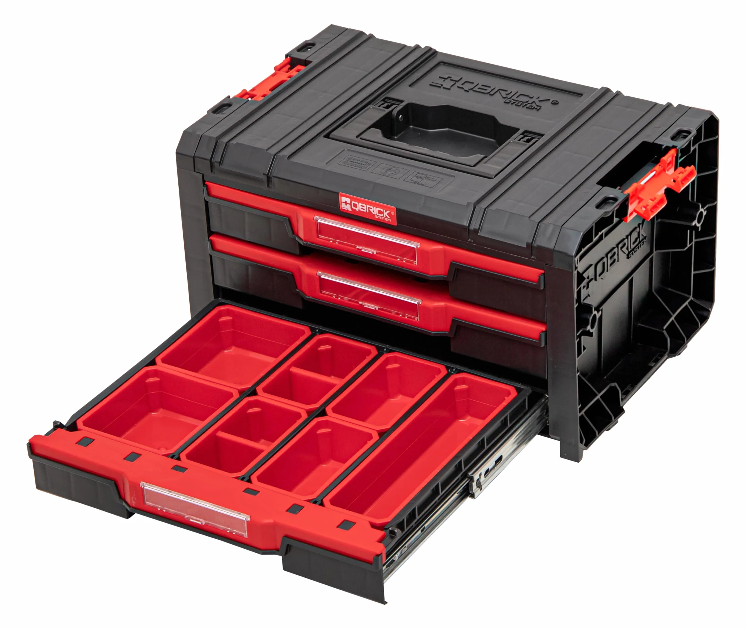 Qbrick System Skrzynka narzędziowa skrzynka narzędziowa Pusta skrzynka na narzędzia PRO Drawer 3 Toolbox 2.0 Expert czarno-czerwona 450 x 310 x 244 mm