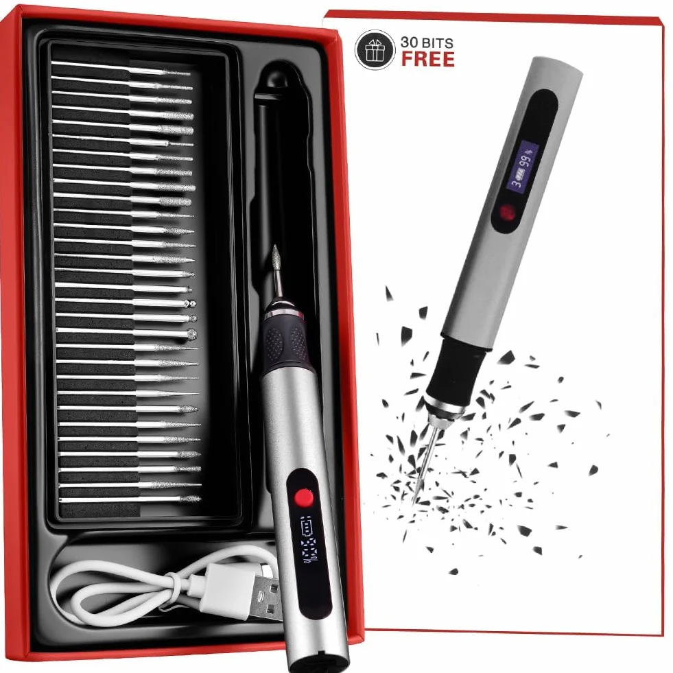 Flintronic Elektryczne pióro do grawerowania, akumulatorowe, z 30 bitami, 10 szablonów, zestaw narzędzi do grawerowania Jwelry, drewna, szkła, ceramiki
