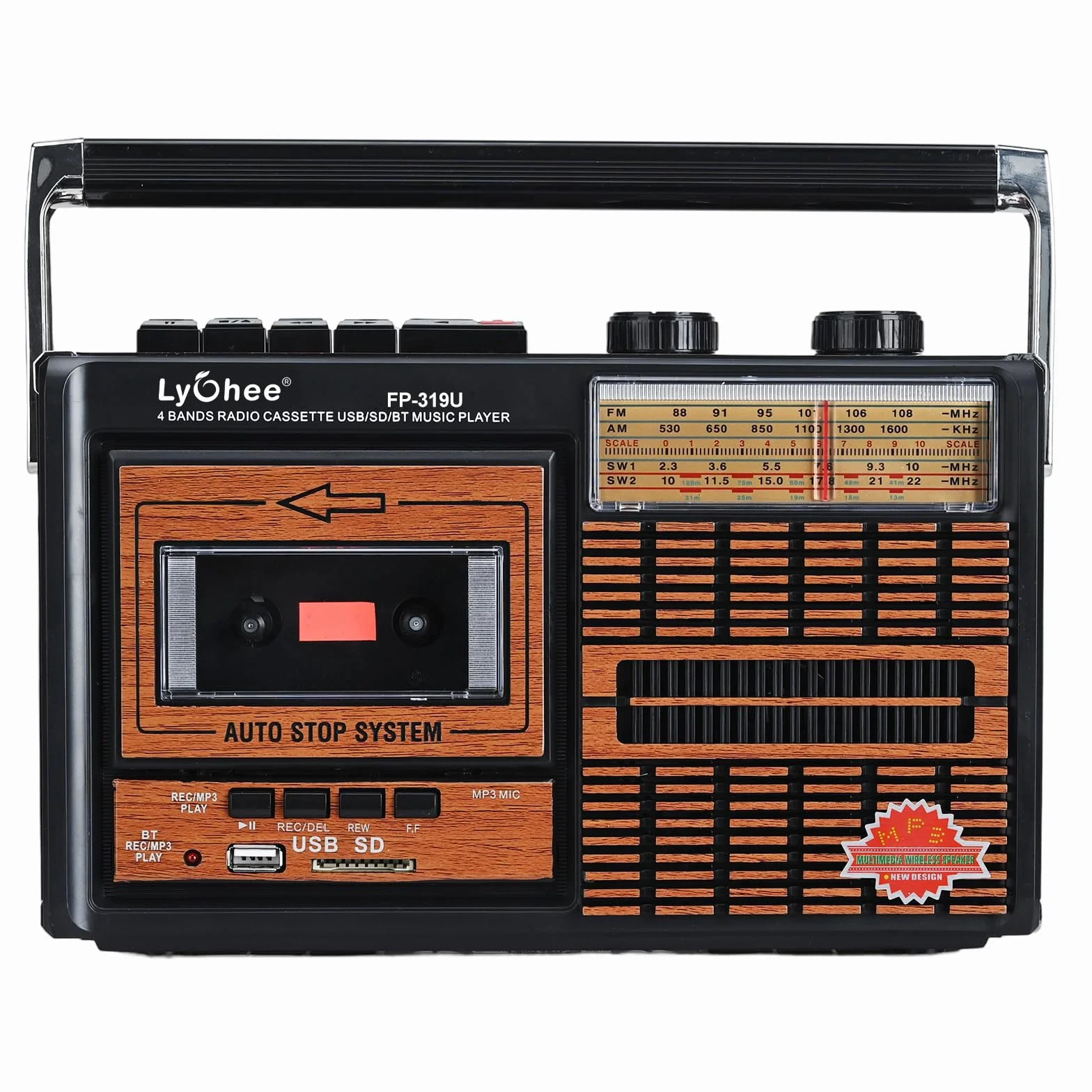 Lychee Boombox Przenośny magnetofon kasetowy retro AM/FM/SW1-2 SD/USB brązowy F319U