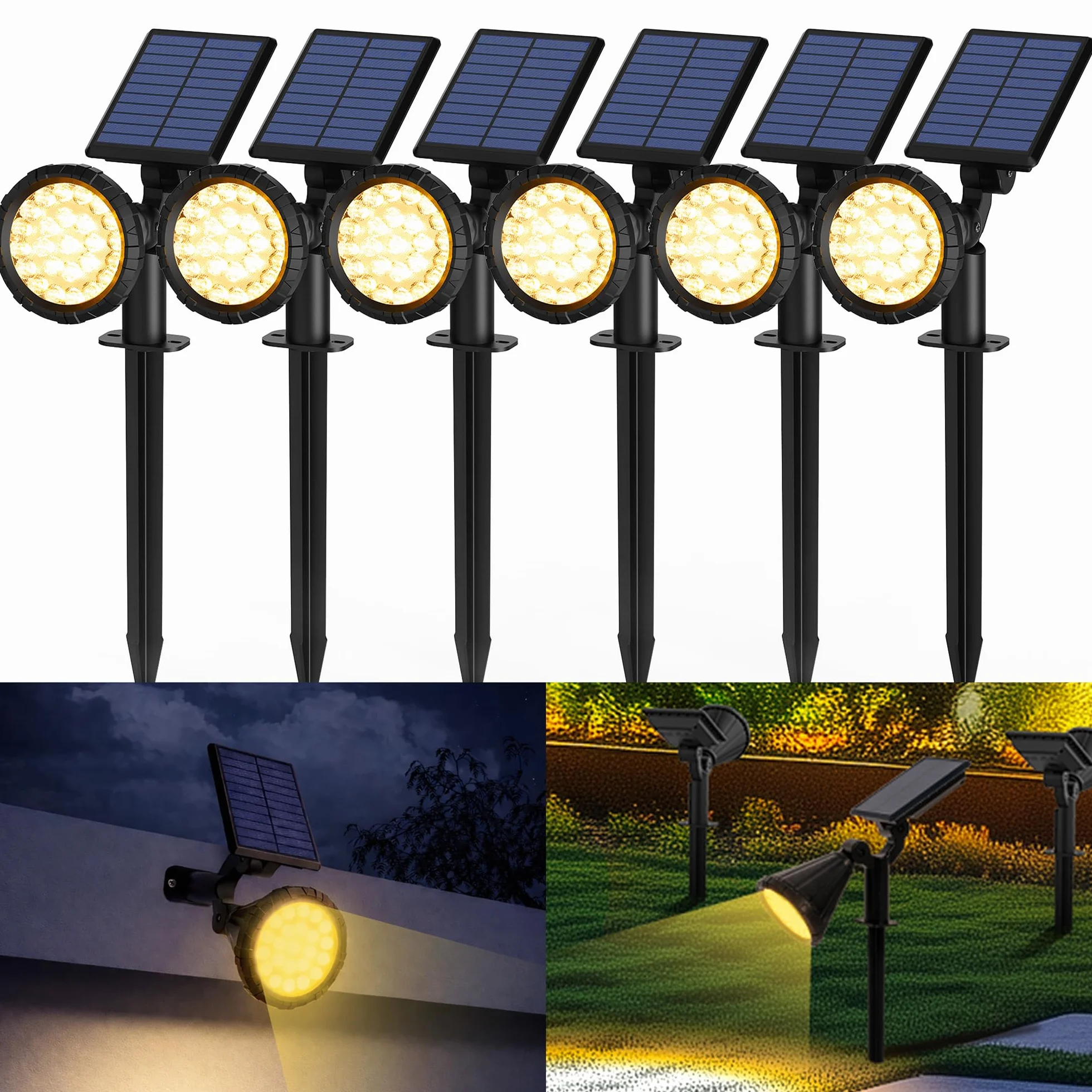 Solpex Solarne oświetlenie punktowe do użytku na zewnątrz, klasa wodoszczelności IP65, 25 diody LED, zasilane energią słoneczną reflektory do dróg, ogrodów, ogrodzeń (ciepła biel, 6 sztuk)