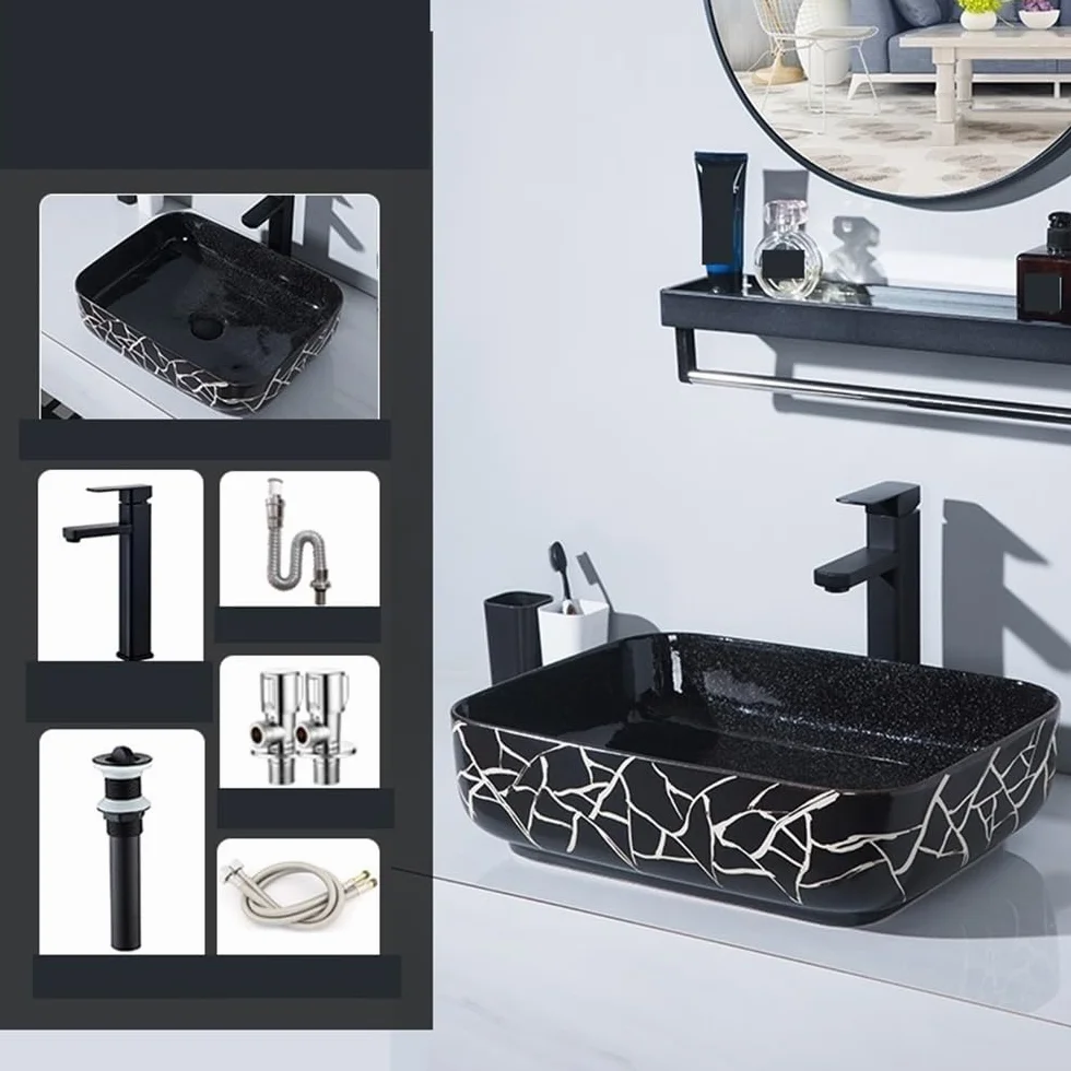 Umywalka łazienkowa nowoczesna minimalistyczna czarna ceramiczna umywalka nablatowa z kranem zestaw odpływowy umywalka