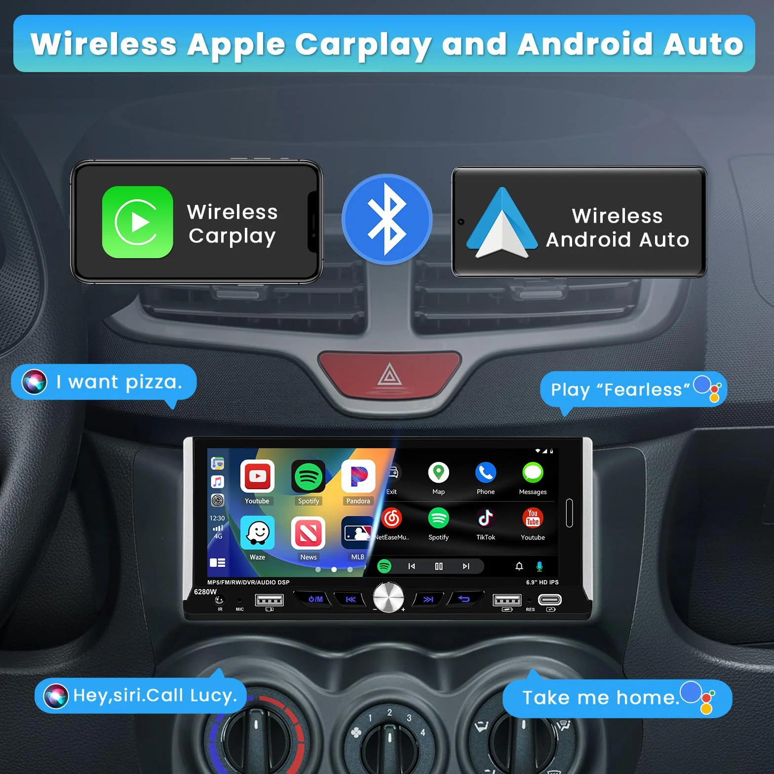 Inefala Radio Bluetooth 1 Din z bezprzewodowym Carplay i Android Auto, radio samochodowe 1 Din z wyświetlaczem 6,9 cali z Mirror Link RDS/FM AUX SWC kamera cofania Type-C i podwójne złącza USB