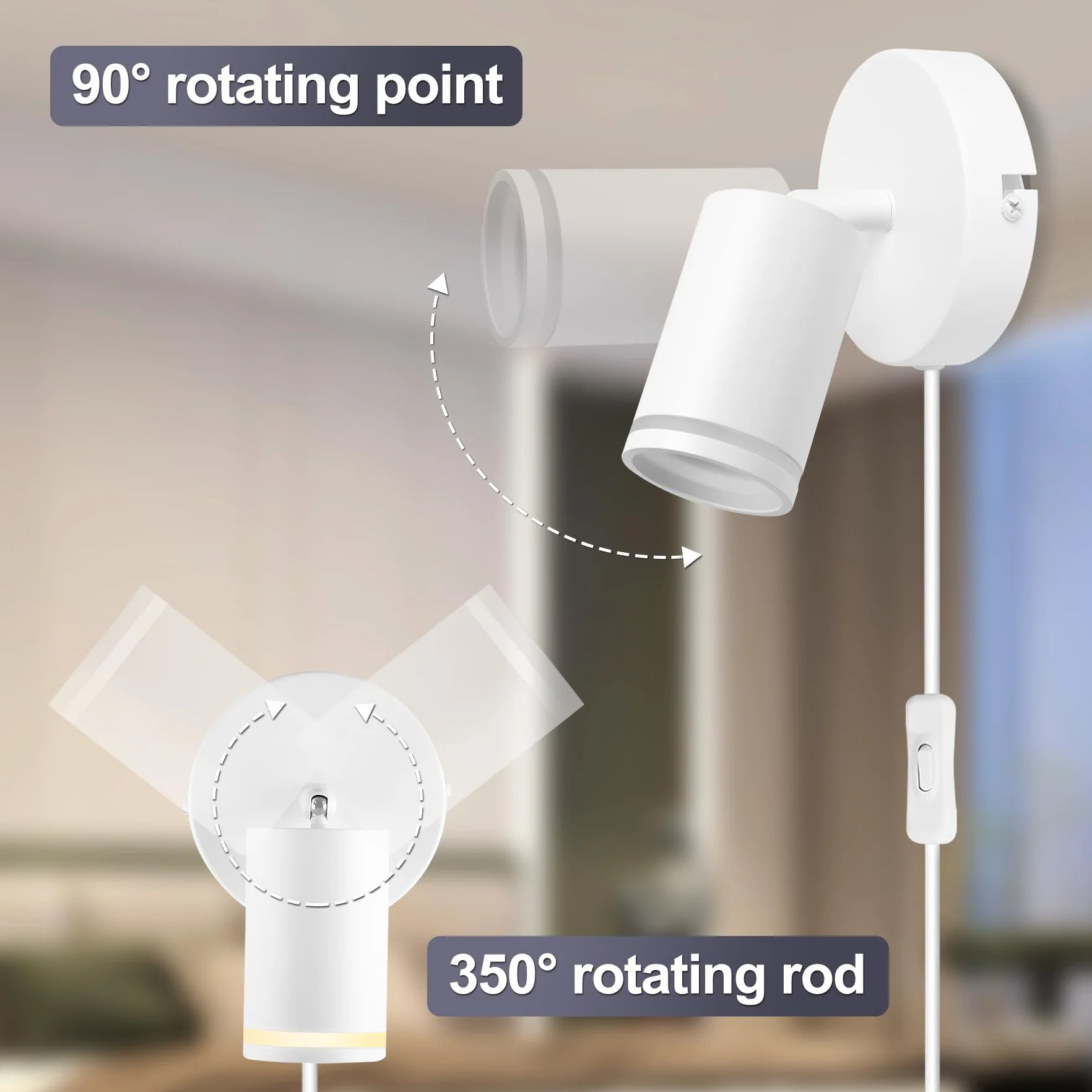 Lampa ścienna z przełącznikiem i wtyczką biała GU10 – lampa ścienna wewnętrzna z przełącznikiem, obracana o 350°, lampa ścienna do sypialni, salonu, korytarza, bez źródła światła