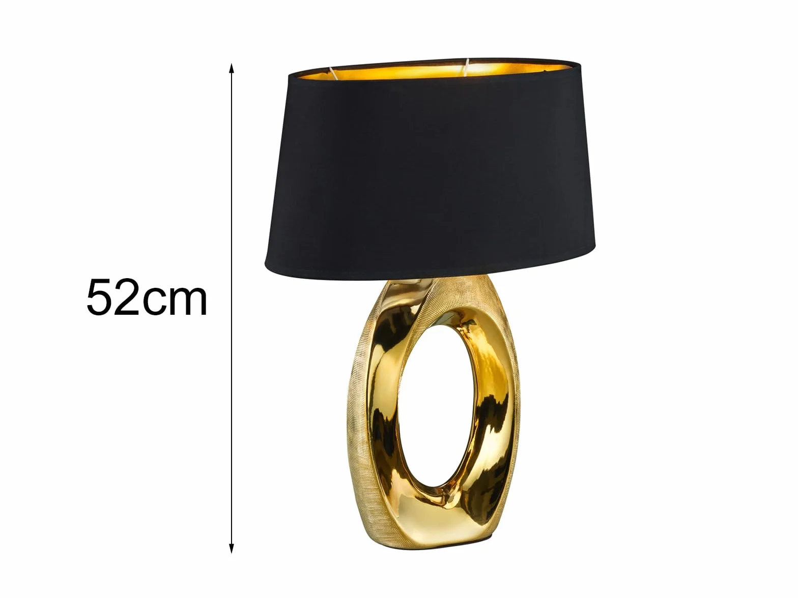 Duża lampa stołowa LED 1 źródło światła podstawa ceramiczna w kolorze złotym z abażurem z materiału w kolorze czarnym wysokość 52 cm