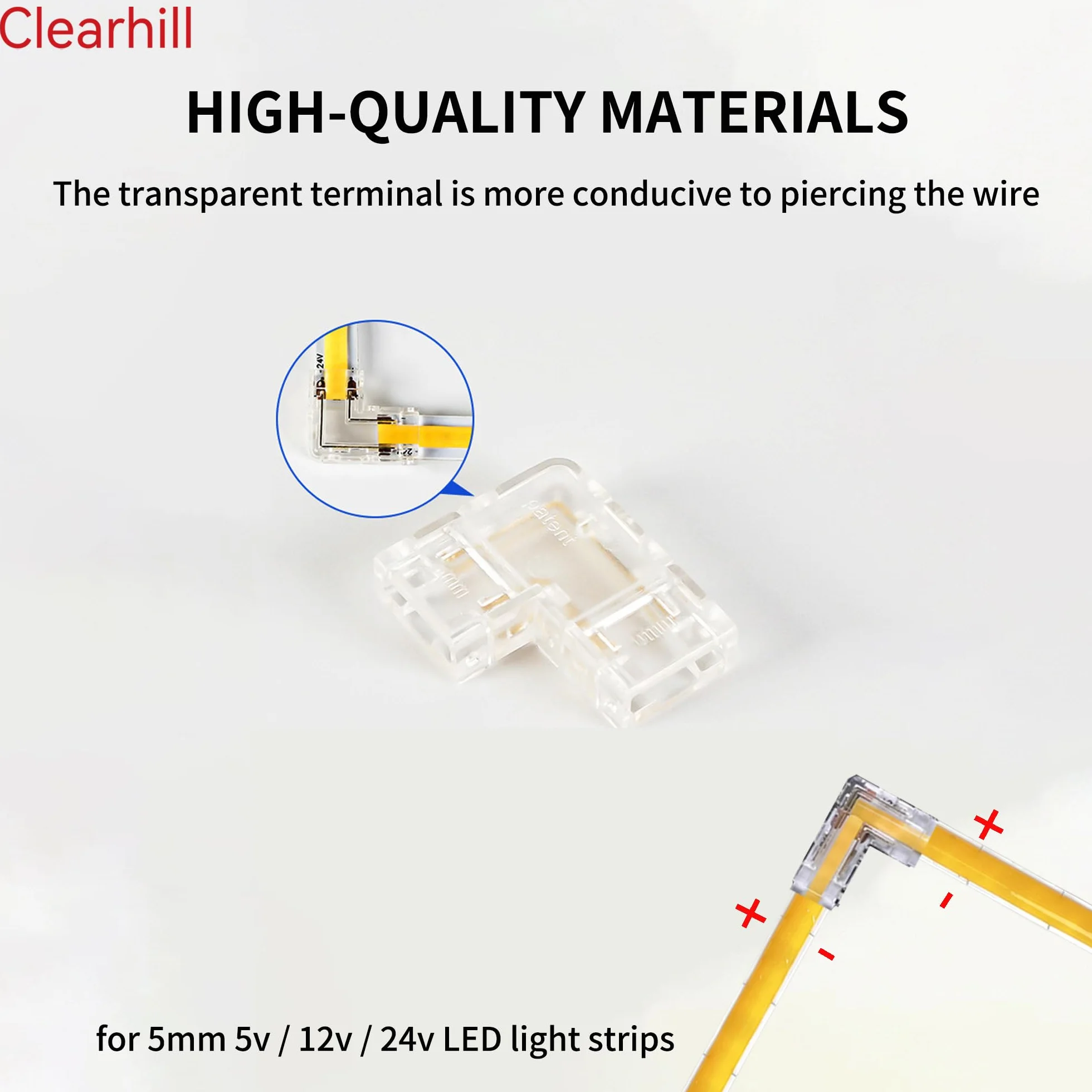 5mm 2Pin 10Packs Przezroczyste bezlutowe L-Shape COB LED Strip Connectors, 90 ° prostokątne połączenia narożne do 5V 12V 24V jednokolorowe światła LED Strip, bezproblemowe połączenie