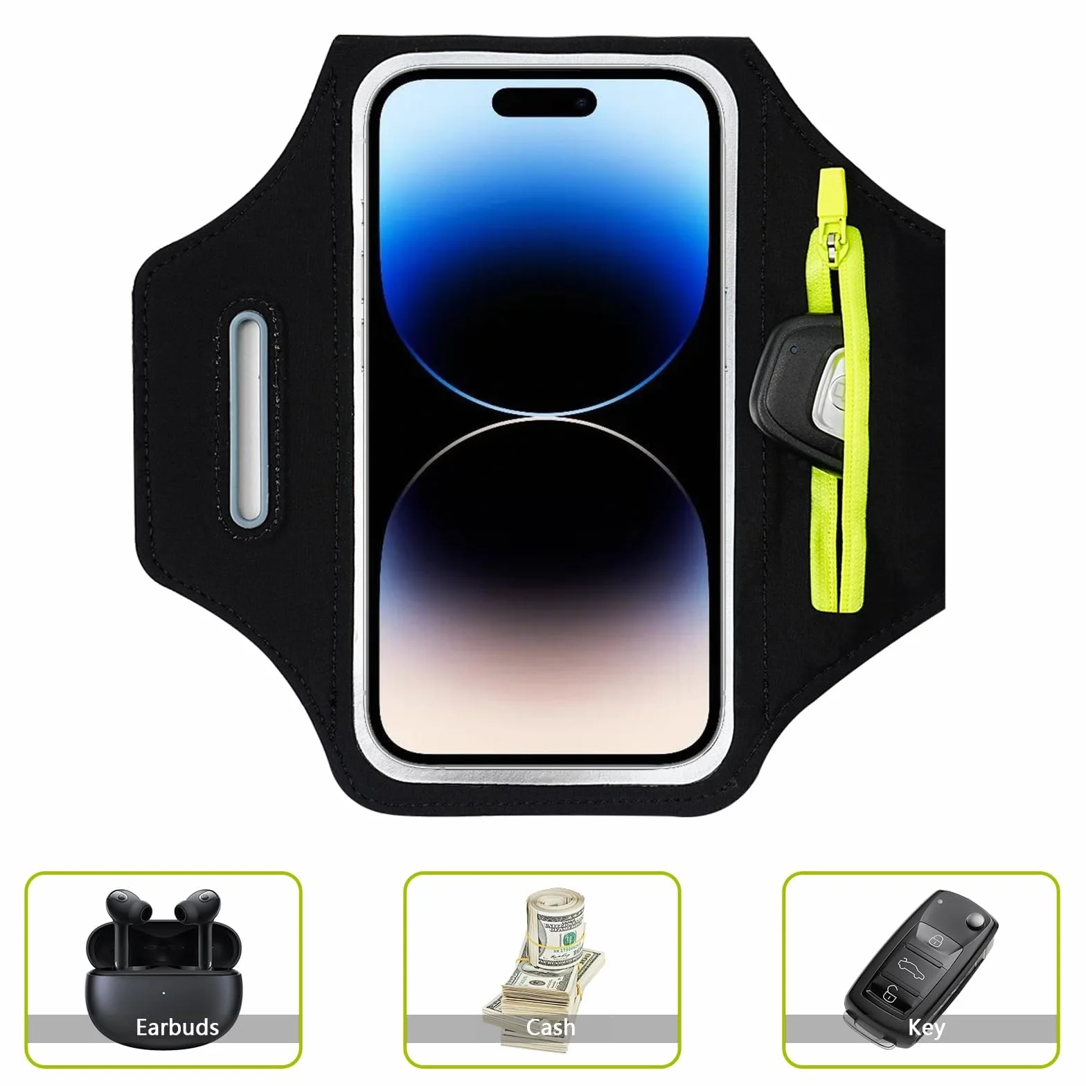 TRIXES Czarna opaska na ramię do biegania z torbą na słuchawki pasuje do iPhone 15 Pro Max/14 Pro/13 Pro Max/12/12 Pro/11/XR/XS/X/8 Plus do 6,7 cala