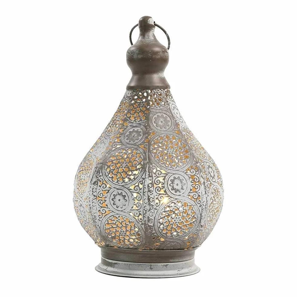 JHY DESIGN Wisząca marokańska lampa stołowa na baterie, 29,5 cm wysokości, vintage, metalowa latarnia, lampa biurkowa do salonu, sypialni, ogrodu, wewnątrz i na zewnątrz (Taras)