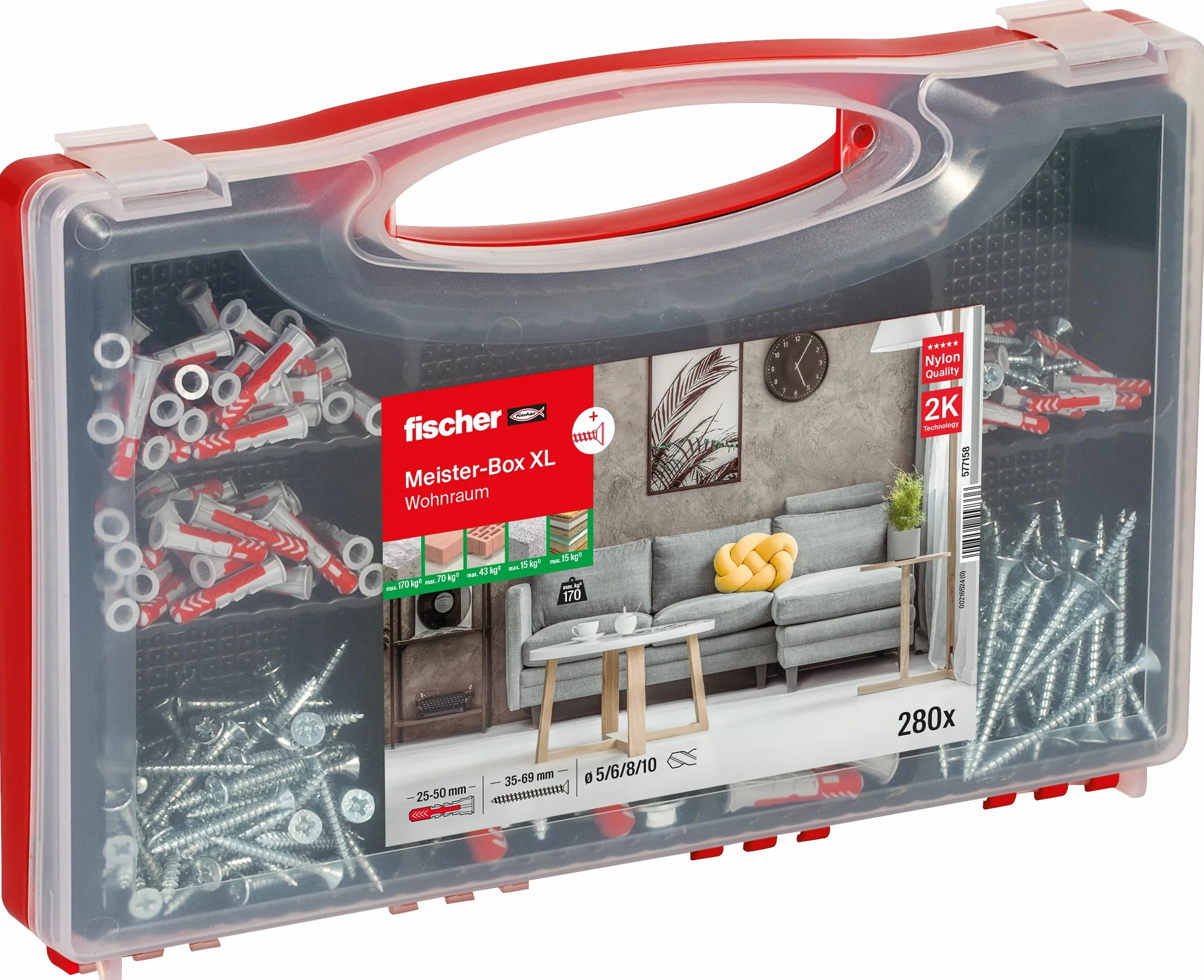 fischer Meister-Box XL 210-częściowy zestaw kołków i śrub, średnica 5-10 mm, dla majsterkowiczów i profesjonalistów, uniwersalne zastosowanie do nieznanych podłoży w pomieszczeniach