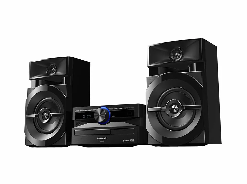 Panasonic SC-UX100 zestaw Power Audio (300W, 13cm głośnik niskotonowy, Bluetooth, CD, USB, FM, aplikacja MAX Juke, Local Preset Equalizer), czarny