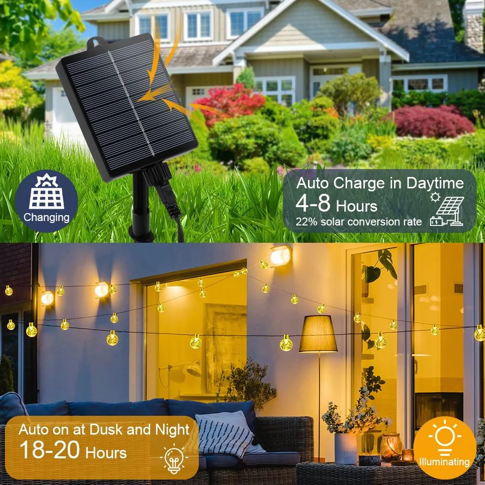 AUAUY solarny łańcuch świetlny na zewnątrz, odporny na warunki atmosferyczne, 7 m, 50 diod LED, 8 trybów pracy, IP65, solarny łańcuch świetlny z kryształowymi kulkami, na zewnątrz/do wnętrz