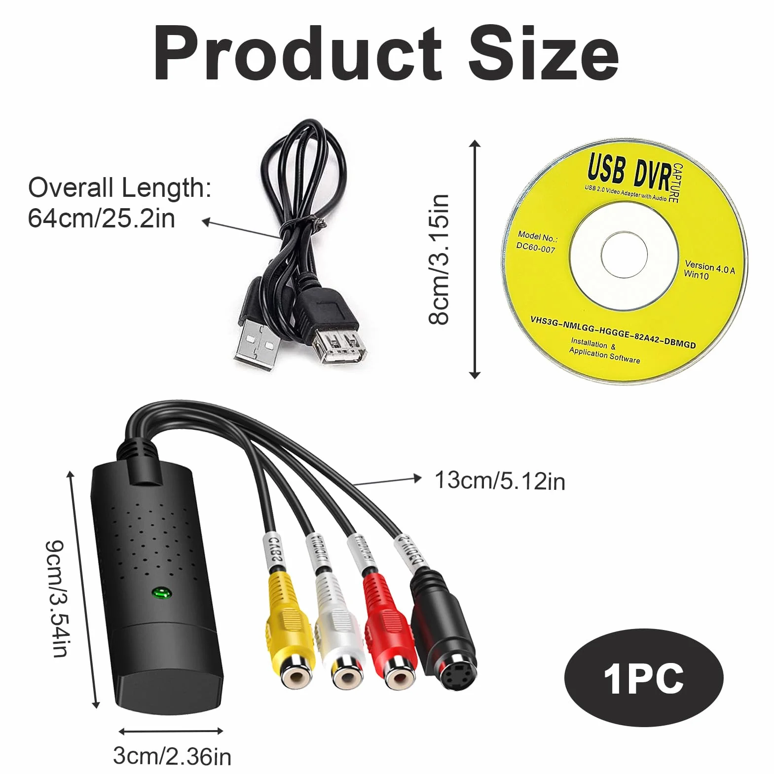 Konwerter VHS Audio/Video Grabber USB 2.0 na cyfrowy, skanowanie i edycja źródeł analogowych jako DVD przez złącze RCA lub S-Video, kompatybilny z Windows i Mac, bez zasilania