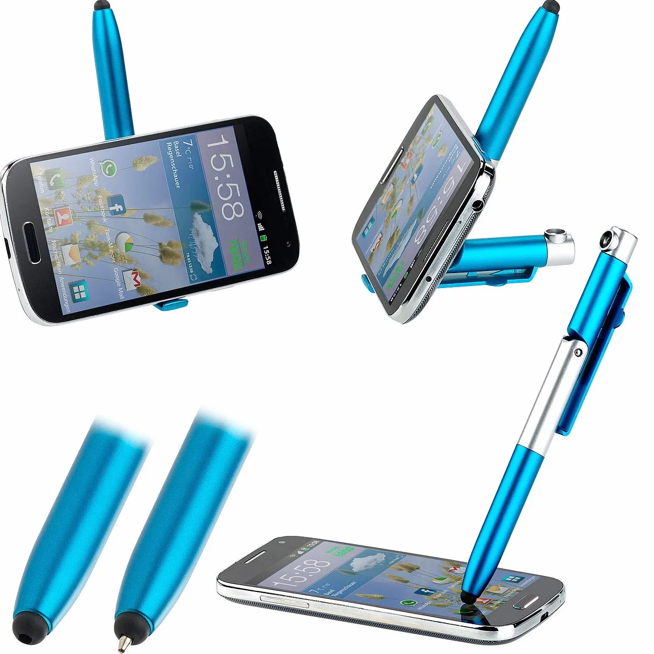 PEARL Długopis ze światłem: długopis 4 w 1 z lampą LED, rysikiem i stojakiem na telefon komórkowy, zestaw 5 sztuk (długopis z lampką, długopis z oświetleniem LED, torba na tablet)