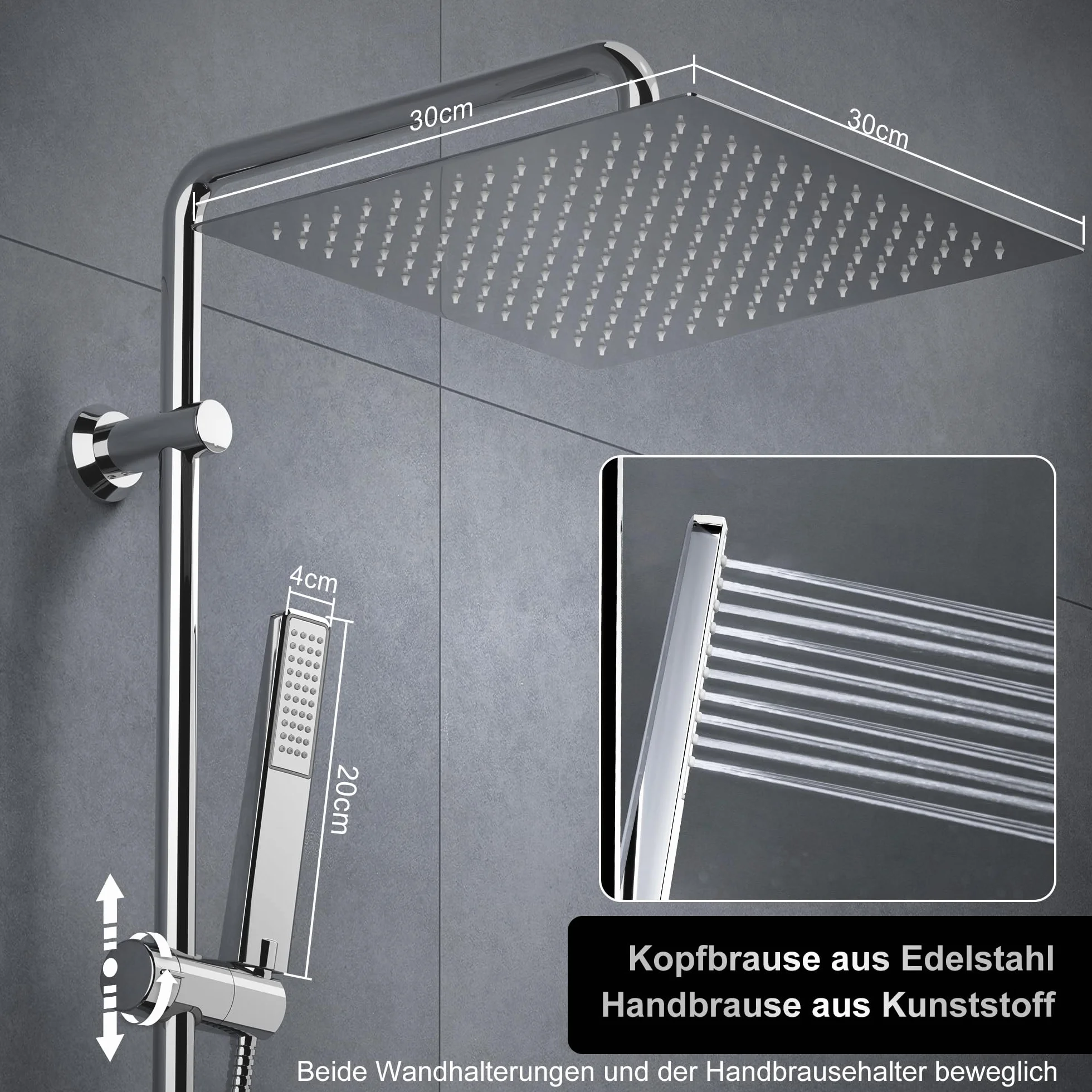 Görbach Zestaw prysznicowy z deszczownicą, system prysznicowy z półką chromowaną, bez armatury prysznicowej (30 x 30)
