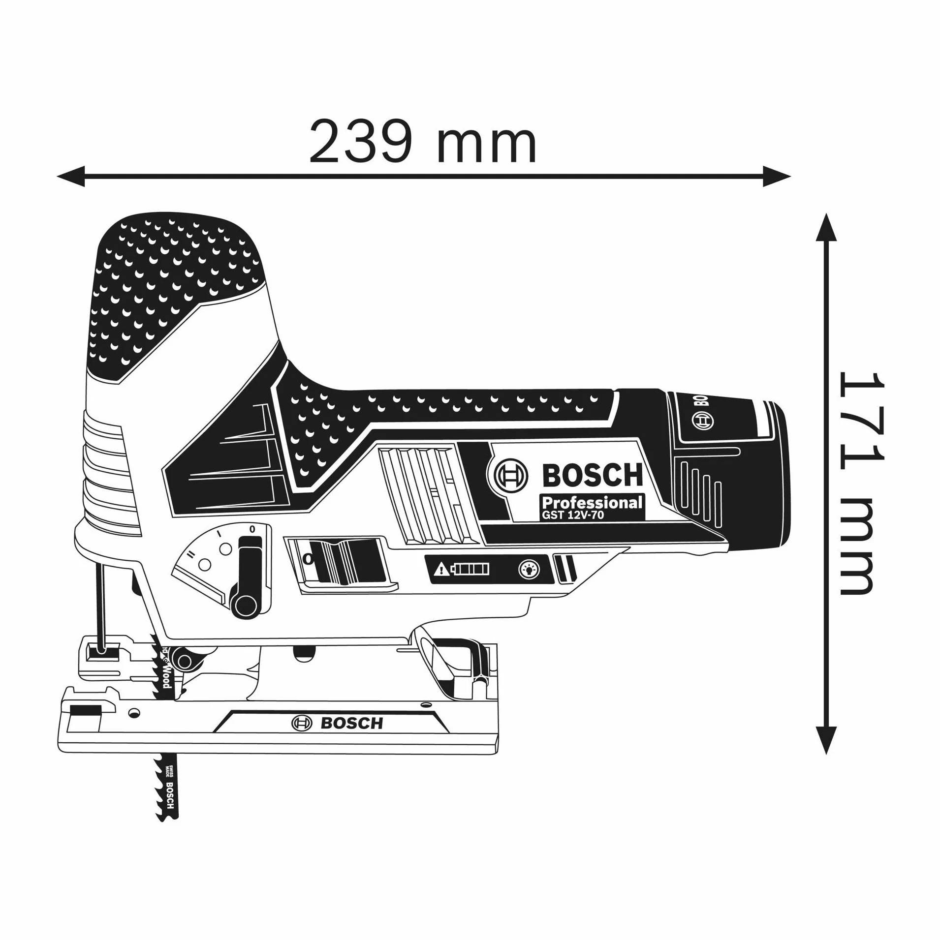 Bosch Professional system 12V: akumulatorowa wyrzynarka GST 12V-70 (2 brzeszczoty, stopka ślizgowa, osłona przeciwodpryskowa, głęb. cięcia w drewnie: 70 mm, walizka L-BOXX)