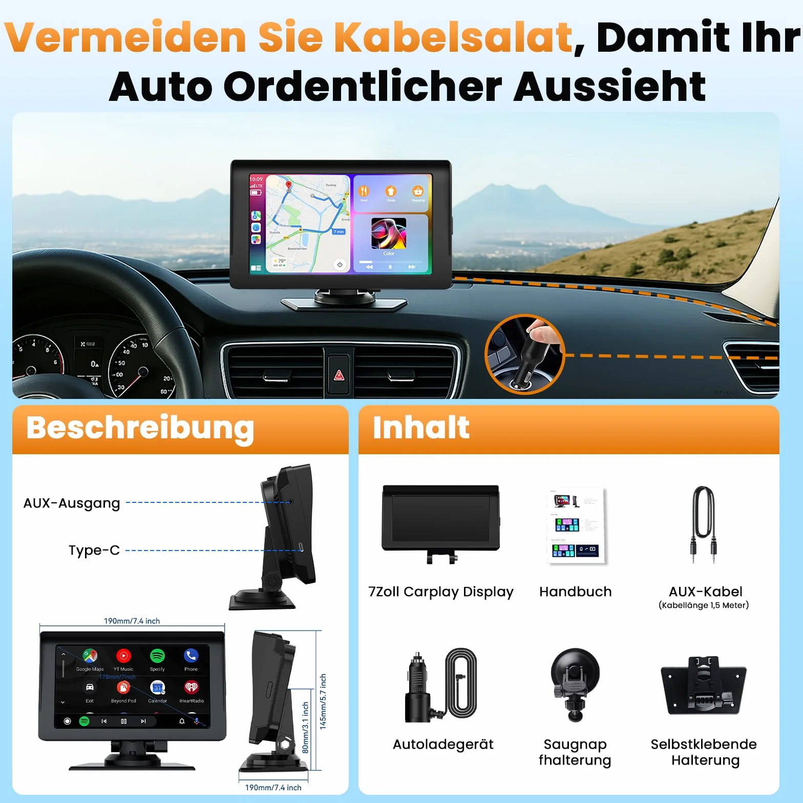 Volam Bezprzewodowy wyświetlacz Carplay Android Auto z 7-calowym ekranem dotykowym, ekran Car Play z nawigacją GPS, asystent głosowy, Mirror Link, Bluetooth 5.0, AUX, FM