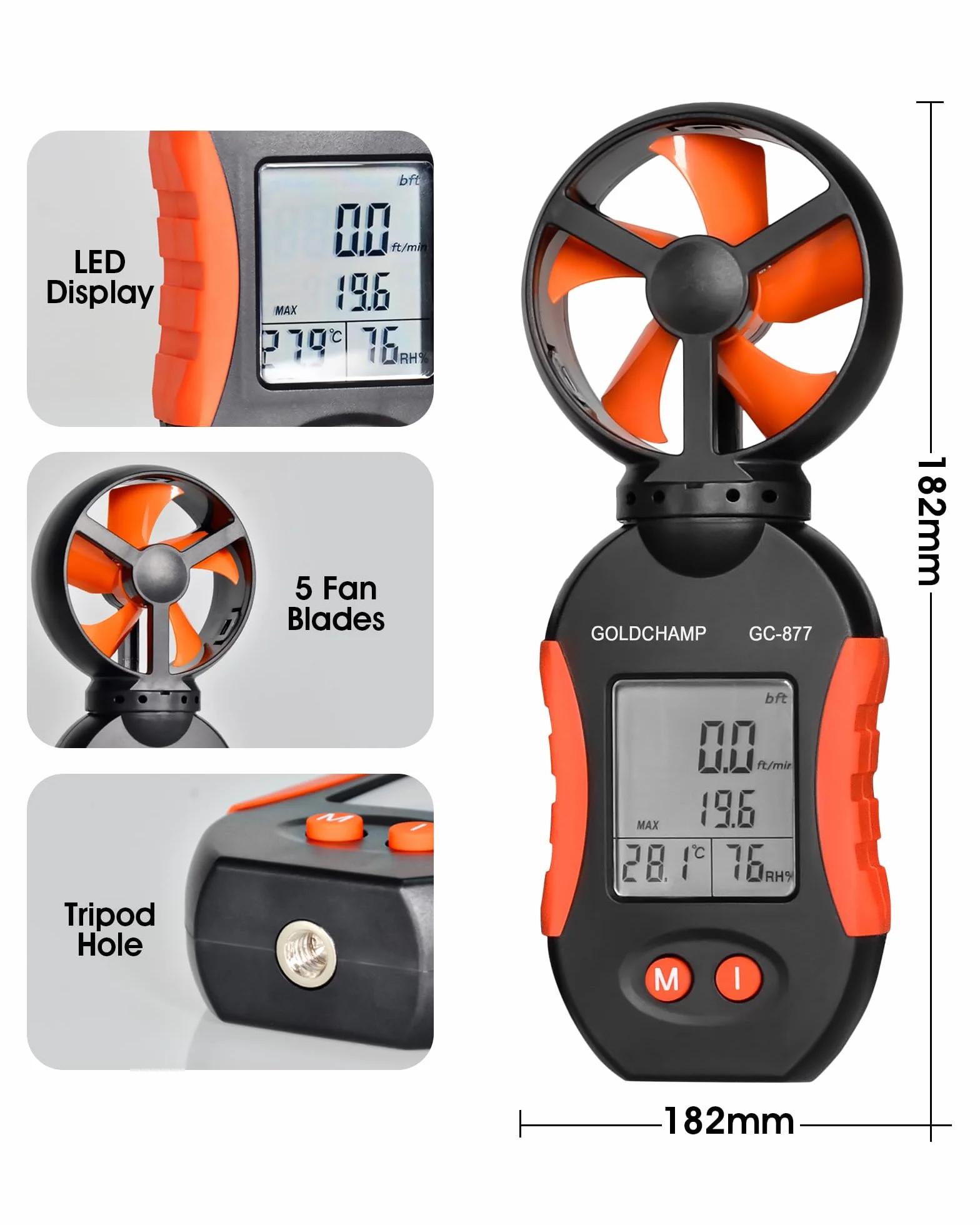 Detektor gazu 4 w 1 do palnych/O2/H2S/CO, alarmu dźwiękowego/świetlnego/wibracyjnego i wyświetlacza LCD, detektorów wycieku gazu do domu + anemometru ręcznego, 5 jednostek i przełącznik ℃/℉, miernik