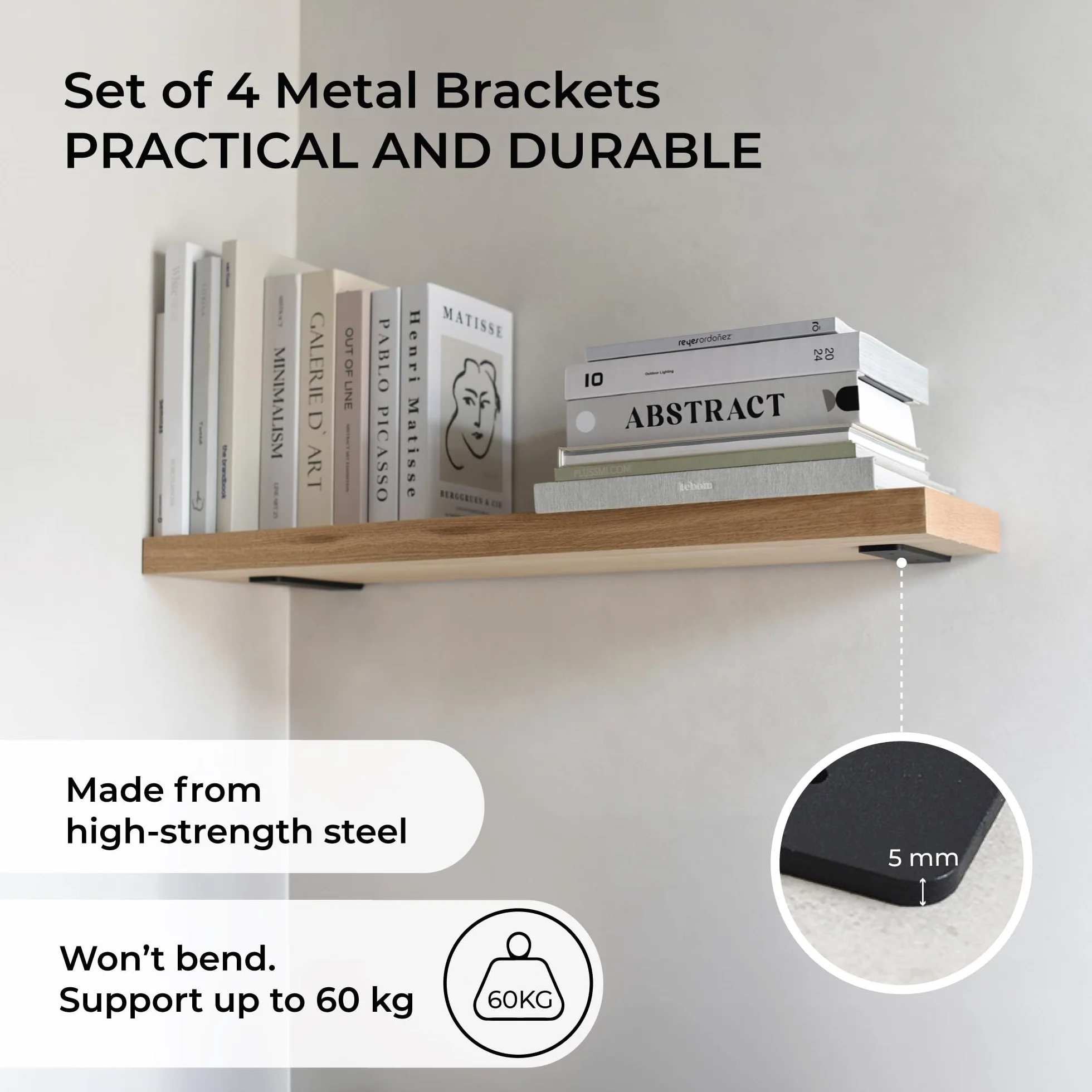 MILUKA Pack 4 Brackets for Shelving 10 cm | Invisible Metal L-shaped Brackets for Wall Shelves | Heavy Duty Steel, 60 kg | Black Industrial Design, Concealed Anchorage