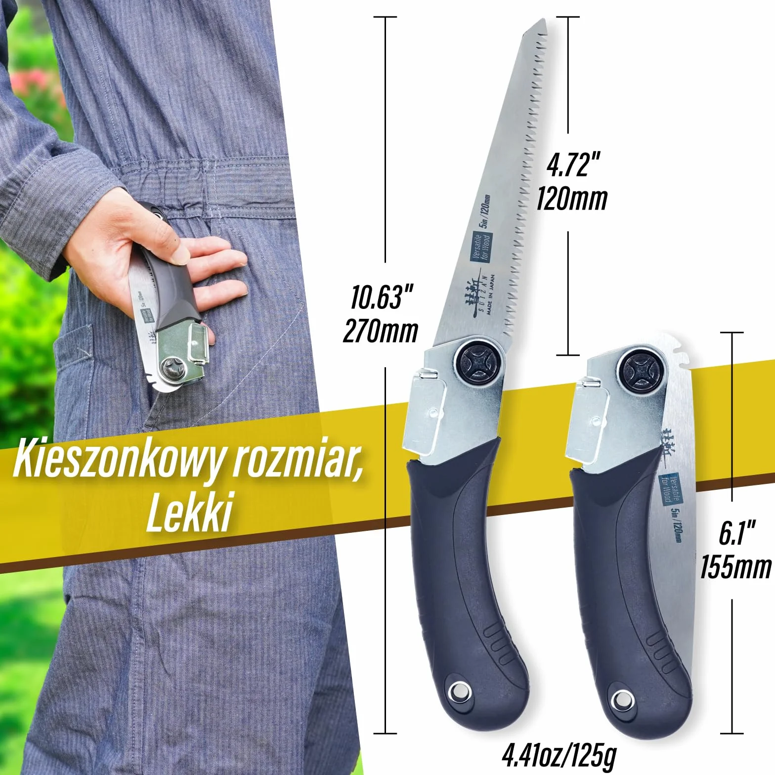 SUIZAN Japońska Piła Składana 120mm Wszechstronna do Drewna - Kieszonkowe Narzędzie do Ogrodnictwa Przycinania Stolarki DIY i Użytku na Zewnątrz
