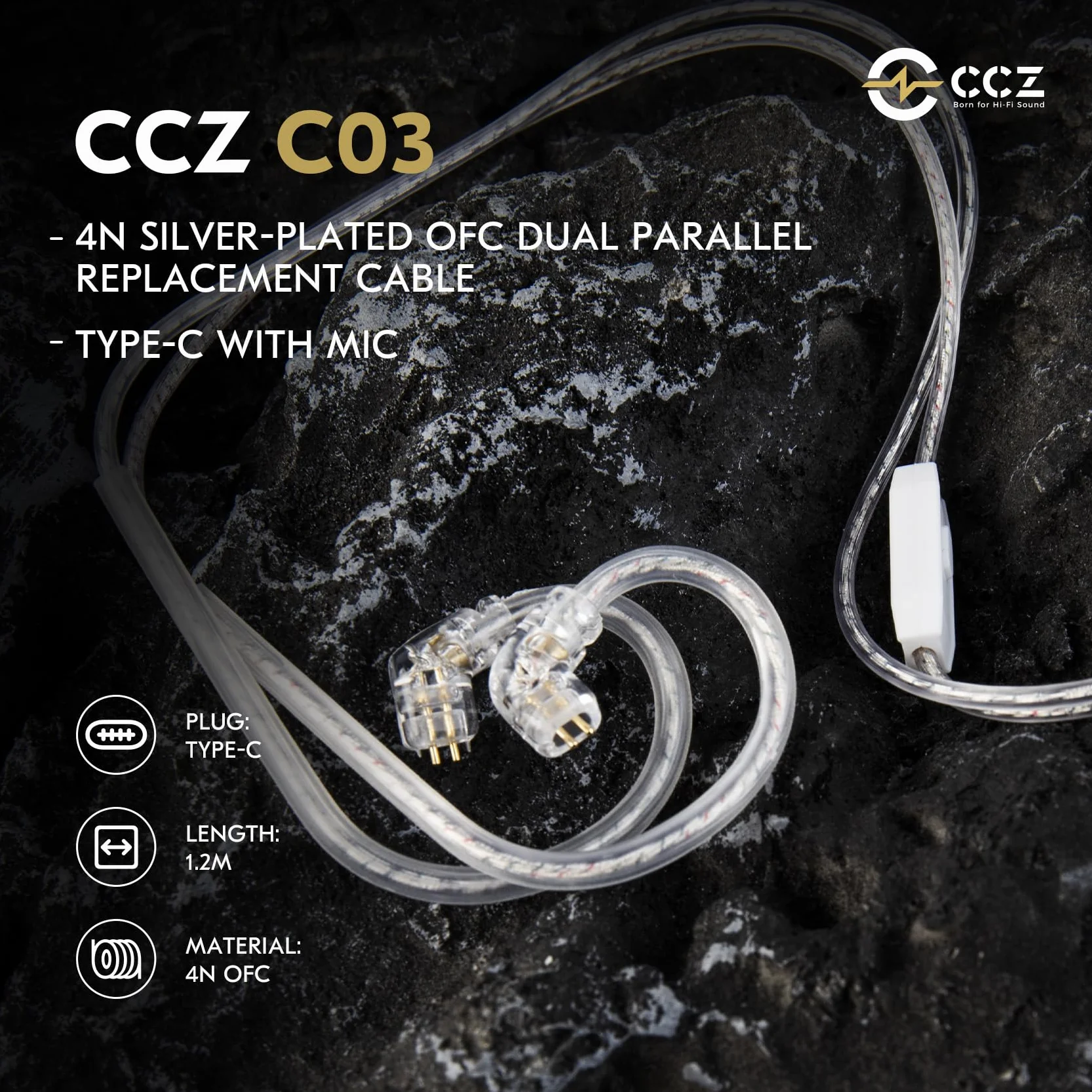 CCZ C03 kabel USB-C IEM z mikrofonem 4N posrebrzany OFC QDC Pin DAC Chip 120 cm In-Ear Monitor kabel do KZ ZSN PRO X, ZS10 PRO, ZS10 PRO X, ZS12 PRO X, EDX PRO, Castor, KBEAR Storm