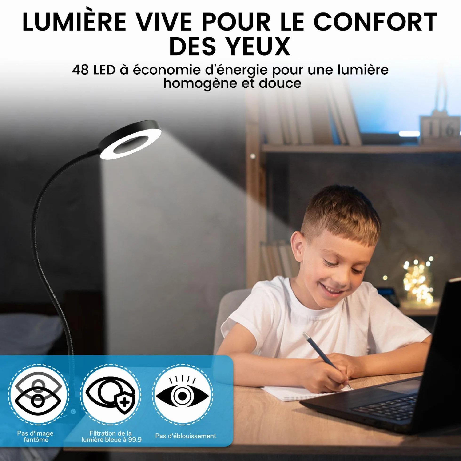 Lampa do czytania z zaciskiem LED elastyczna 360°, 3 tryby świecenia, 10 poziomów jasności, lampka nocna USB, energooszczędna lampa biurkowa LED, na stolik nocny, łóżko i biurko, 50 cm